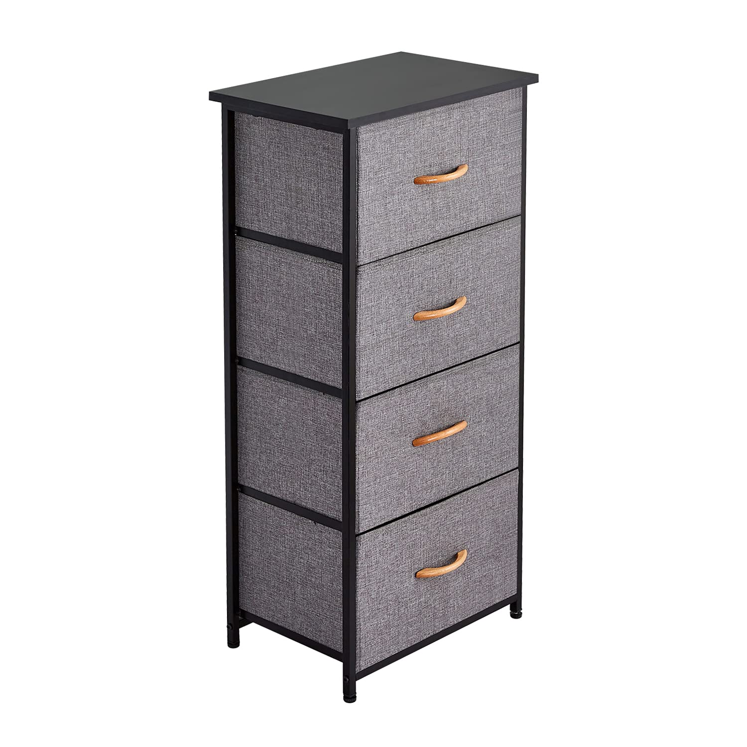 4-Drawer Narrow Dresser Storage Tower with Sturdy Steel Frame & Waterproof Solid Wood Top - Easy Pull Fabric Bins & Wood Handles - Bedroom Nightstand, Hallway, Entryway, Closet Organizer - Perfect for Small Spaces, Apartment Living & Home Organization