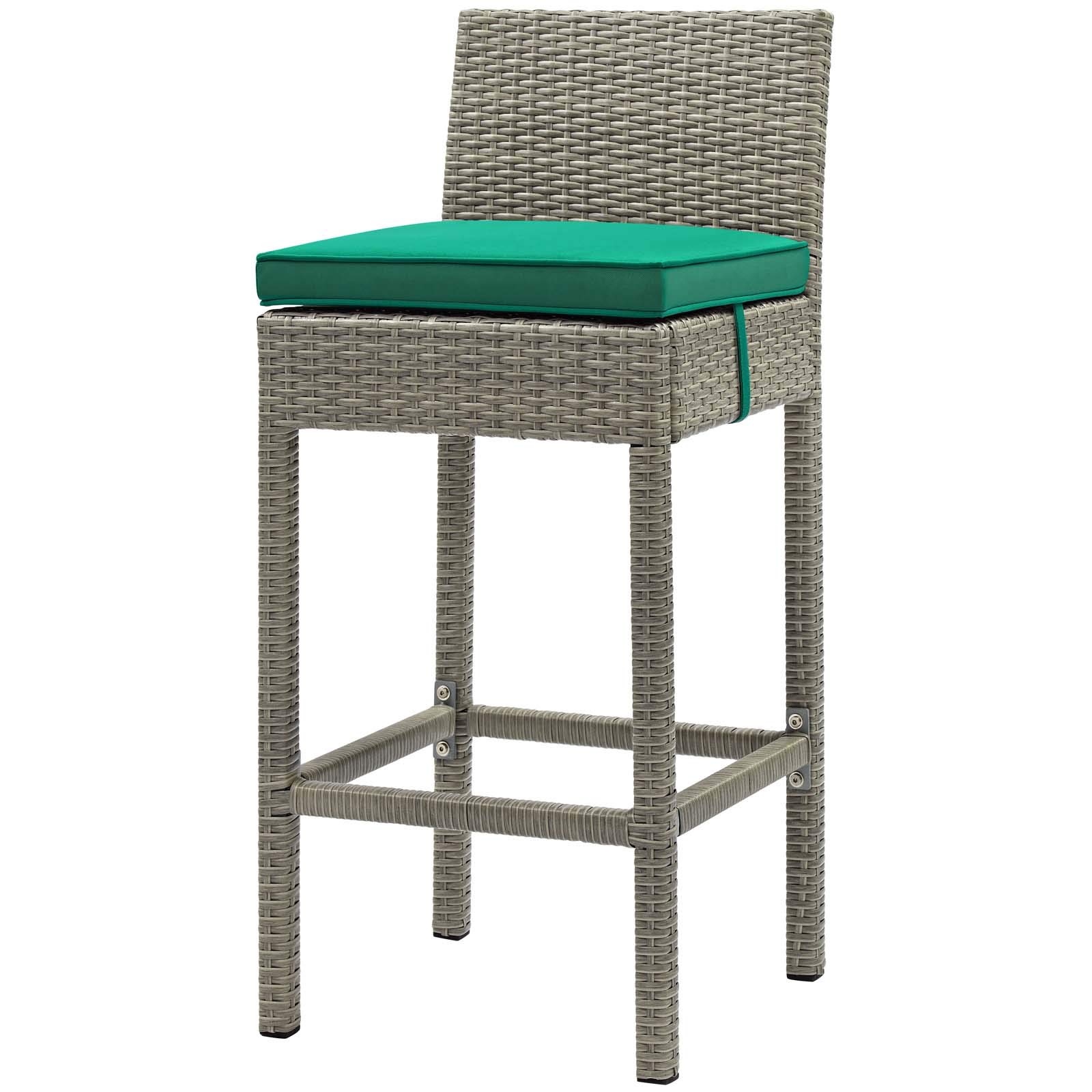 Modern Contemporary Outdoor Patio Bar Stool - Rattan Wicker Chair for Balcony, Garden or Poolside - Light Gray & Green Accent - Perfect for Lounging, Entertaining or Outdoor Dining