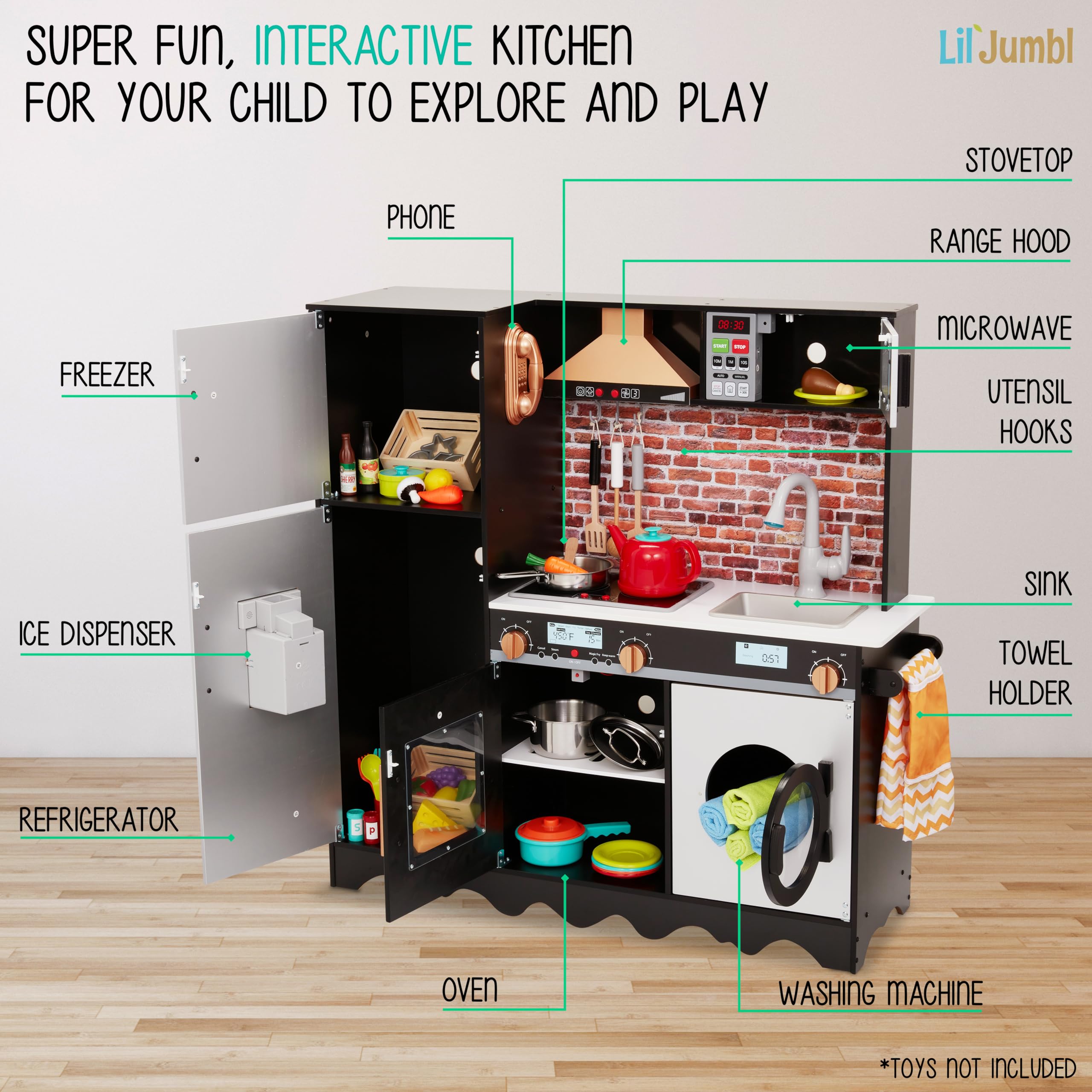 Lil' Jumbl Kids Wooden Play Kitchen Set with Realistic Sounds & Lights - Battery Operated Icemaker, Microwave, Stove, Oven & Range Hood - Includes Pots, Pans & Utensils - Perfect for Pretend Cooking & Role Play Games for Toddlers & Preschoolers