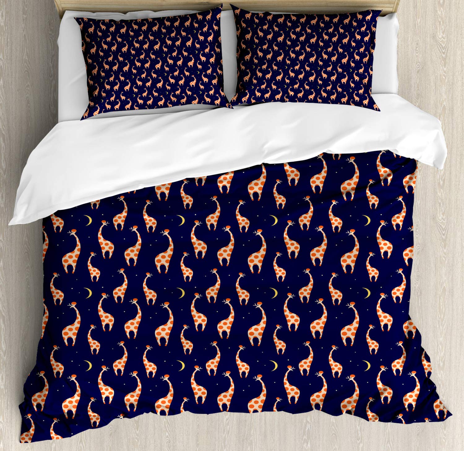 Ambesonne Giraffe Duvet Cover Set 3-Piece King Size - Funny Animal Print on Night Sky Design, Dark Orange & Navy Blue Bedding with 2 Pillow Shams - Perfect for Kids' Rooms, Jungle Themed Decor & Unique Gift Ideas