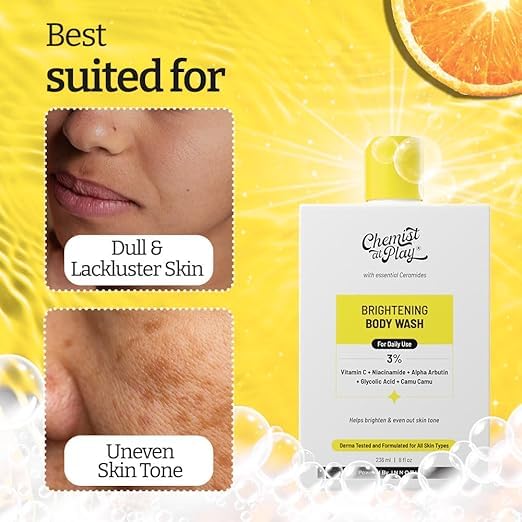 Brightening Body Wash with Vitamin C & Alpha Arbutin - Glowing Skin Bodywash for Dark Spot Reduction & Even Skin Tone - 30X Vitamin C & Camu Camu Extract - Unisex Hydrating Shower Gel (236ml) - Perfect for Daily Skincare Routine & Post-Workout Refreshment