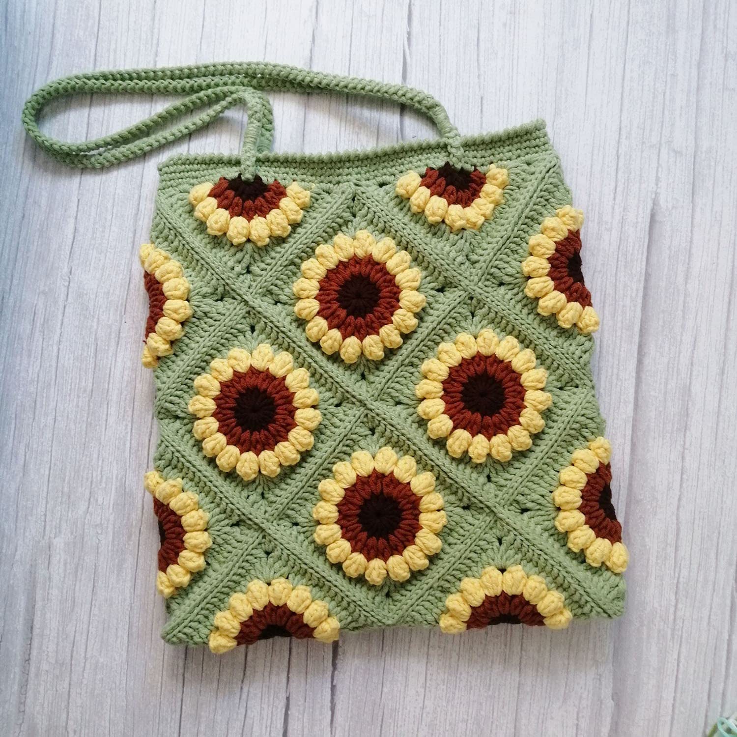 Handmade Crochet Granny Square Shoulder Bag - Sunflower Knit Purse for Women & Girls - Boho Chic Shopping Tote - Perfect for Beach, Market & Everyday Use