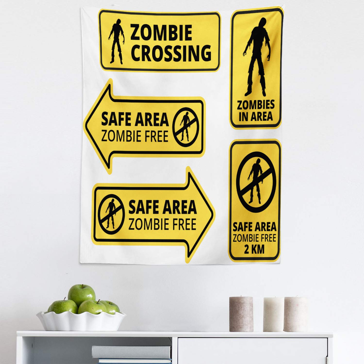 Ambesonne Zombie Tapestry Wall Art - Horror Movie Inspired Safe Zone Caution Sign Design - 23