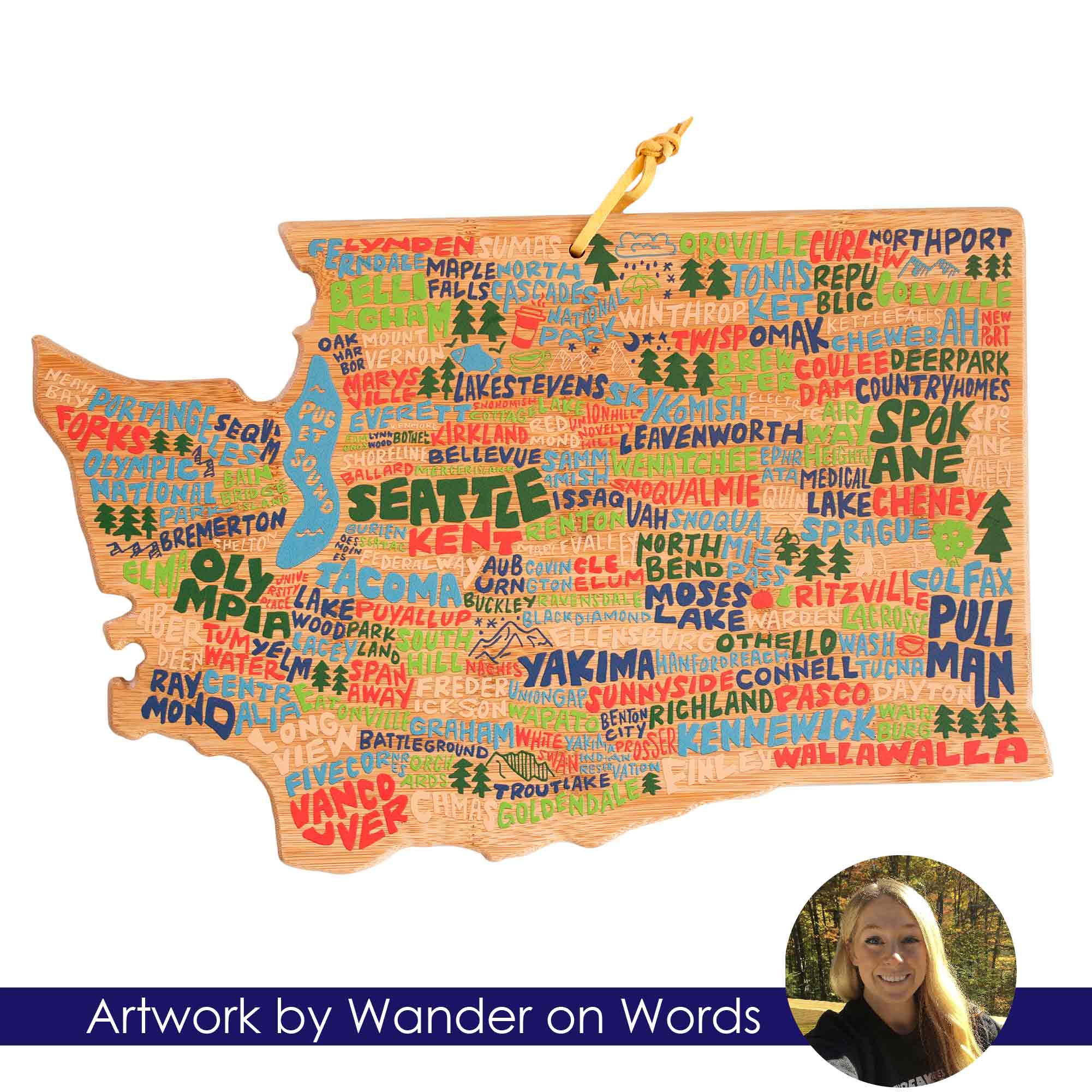 Washington State Themed Cutting Board - Engraved Wooden Chopping Board with Wander on Words™ Artwork - Perfect for Kitchen Prep, Charcuterie Boards & Home Decor