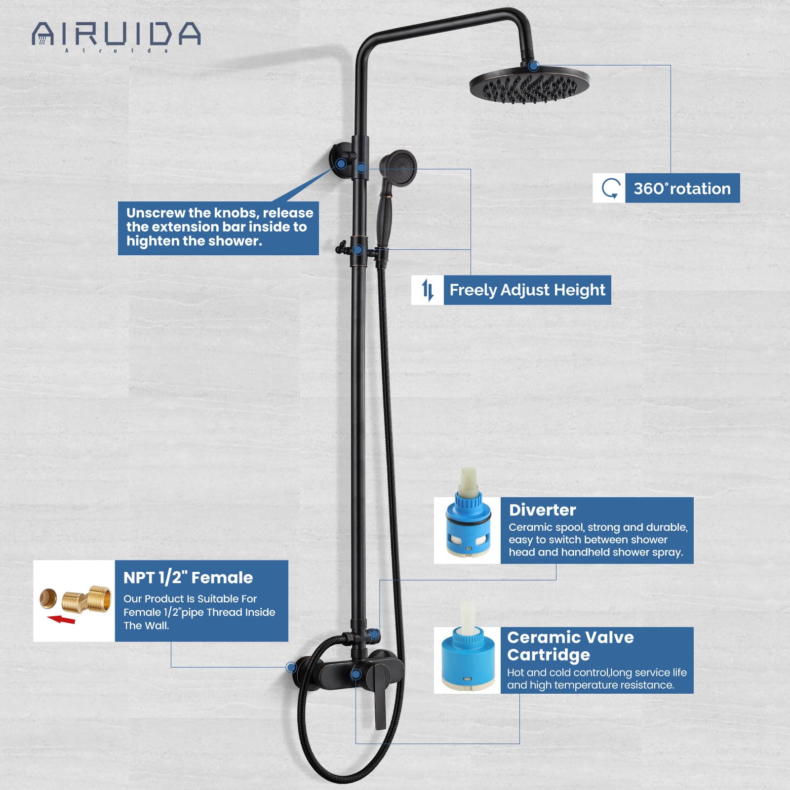 Airuida Oil Rubbed Bronze Exterior Shower System - 8 Inch Rainfall Shower Head with Single Handle, Solid Copper Diverter & Dual Function Faucet Combo for Outdoor/Patio/Garden Use