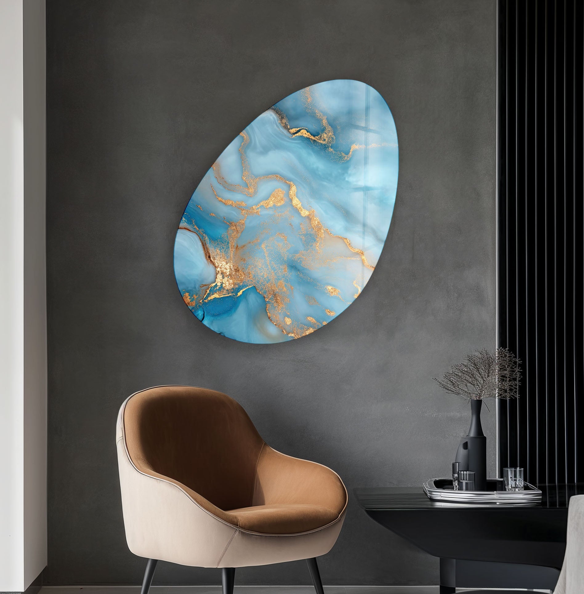 Elegant Blue Marble Oval Glass Wall Art - Modern Home Decor for Living Room, Bedroom & Office - Perfect for Adding Stylish Accents to Any Space