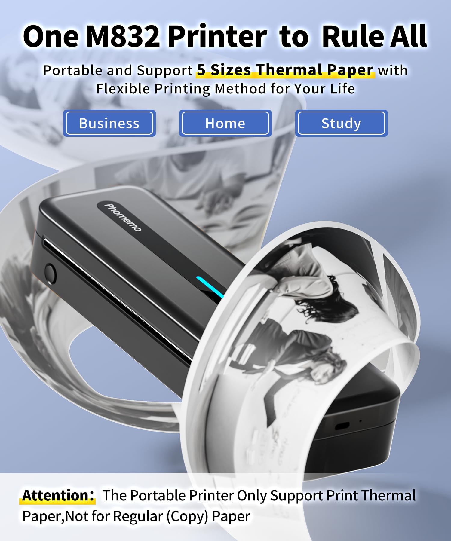 Phomemo M832 Wireless Portable Thermal Printer - Bluetooth Compatible with Phone & Laptop for Travel, Home, Office | Print Multi-Size Labels & Photos On-The-Go | Perfect for Travel Journals, Shipping Labels & Instant Photo Printing