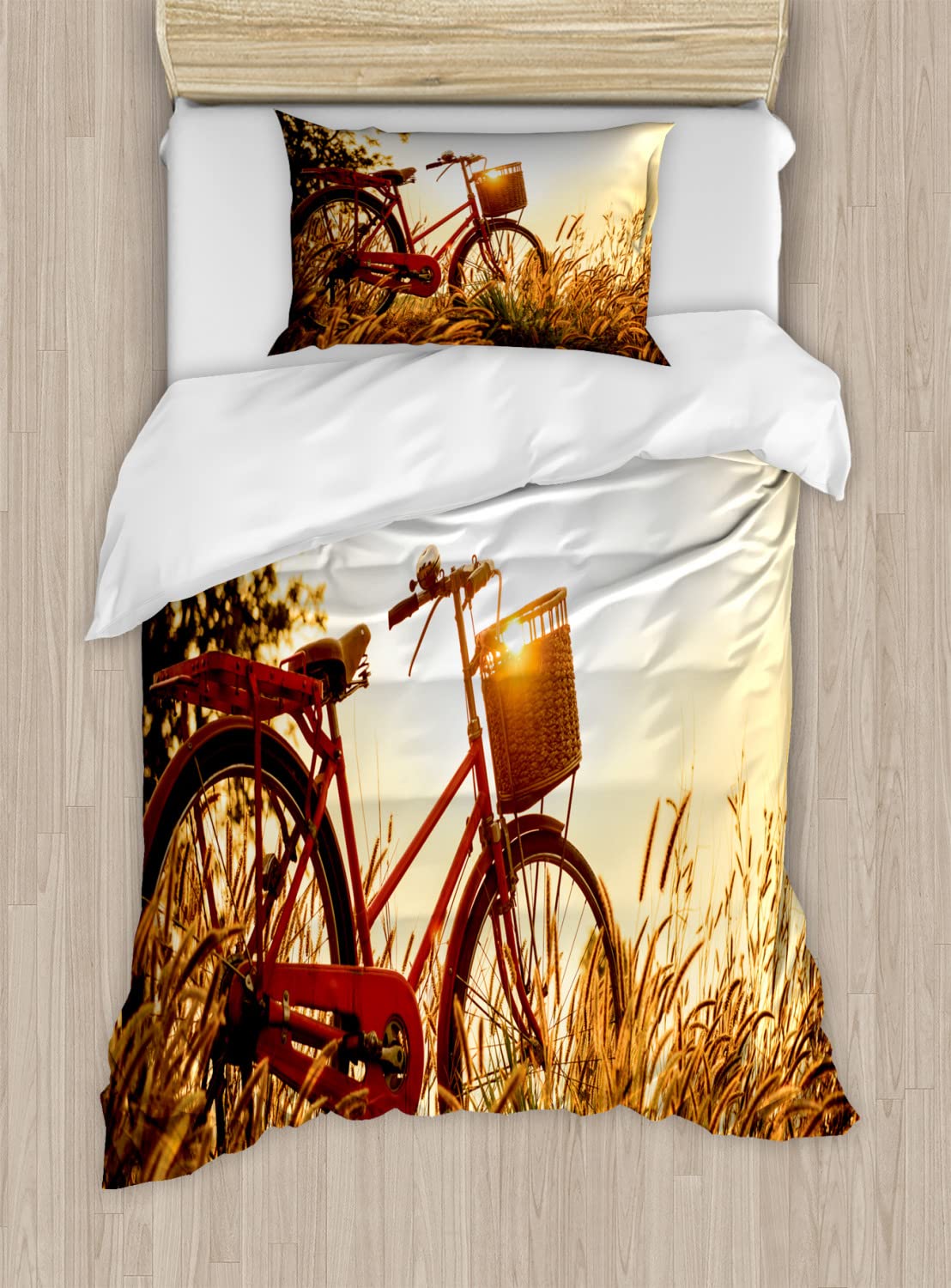 Ambesonne Vintage Bicycle Duvet Cover Set - Queen Size 2-Piece Bedding with 4 Pillowcases, Retro Sepia Bike Design in Sunset Colors | Perfect for Cycling Enthusiasts' Bedrooms & Cozy Farmhouse Decor