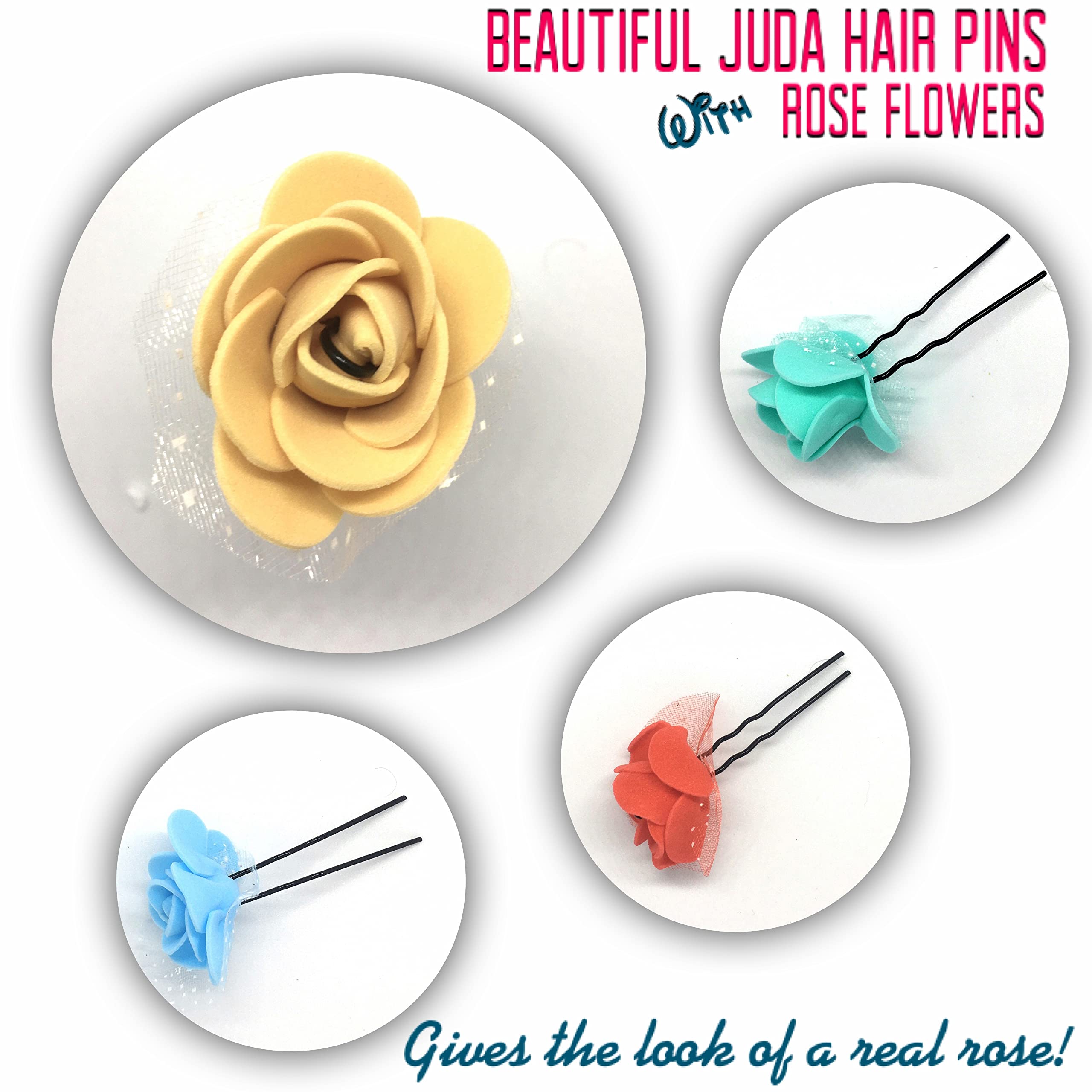 Quarya U-Shaped Hair Pins for Women - 12 Pack Metal Bun Pins with Rose Flowers, Black Multi-Color Hair Accessories | Perfect for Updos, Buns, Braids & Wedding Hairstyles
