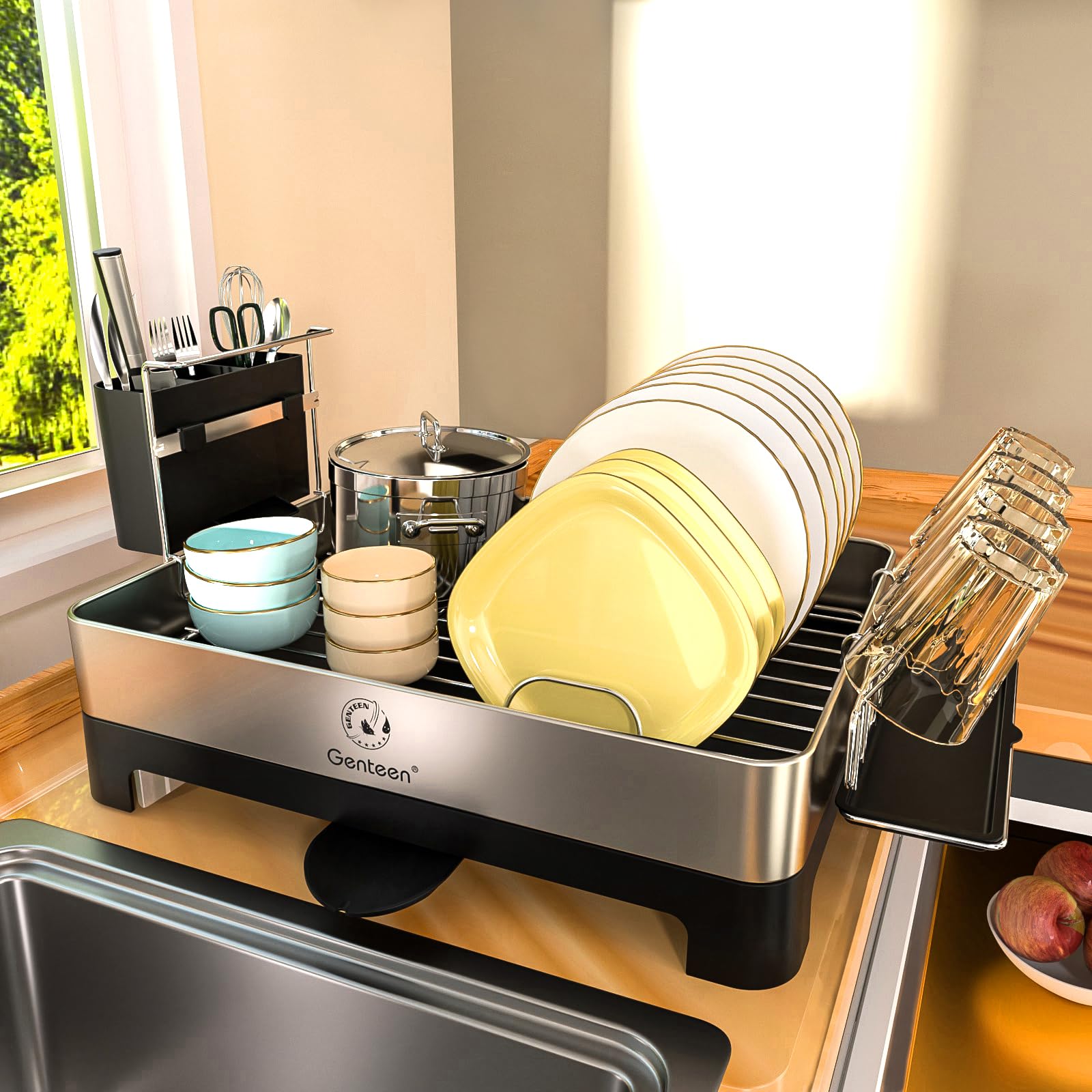 Premium Stainless Steel Dish Drying Rack with Drainboard & Rotatable Spout | Space-Saving Kitchen Counter Organizer with Utensil & Glass Holder | Perfect for Small Kitchens, Apartments & RVs (Black)
