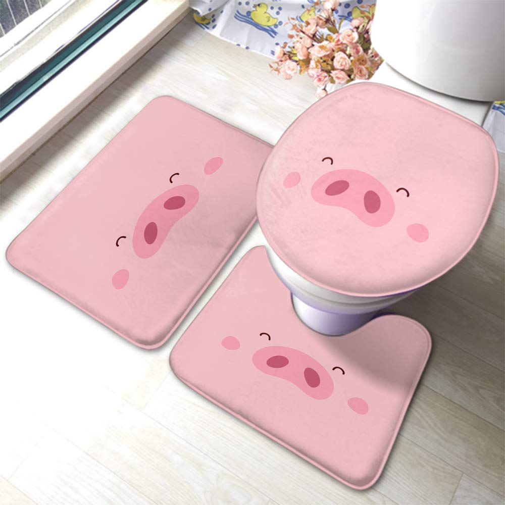 Cute Pink Piggy Bath Mat Set - Non-Slip 3-Piece Bathroom Rug with Smile Eyes & Polka Dots - Includes Toilet Lid Cover & Anti-Skid Pad for Kids & Adults - Perfect for Bathroom, Nursery, or Farmhouse Decor