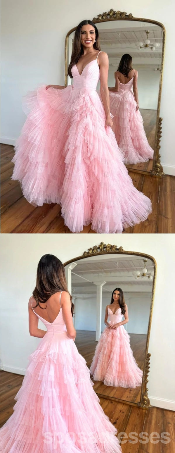 Elegant Pink A-Line V-Neck Spaghetti Strap Maxi Prom Dress for Women - Perfect for Parties, Weddings & Formal Events
