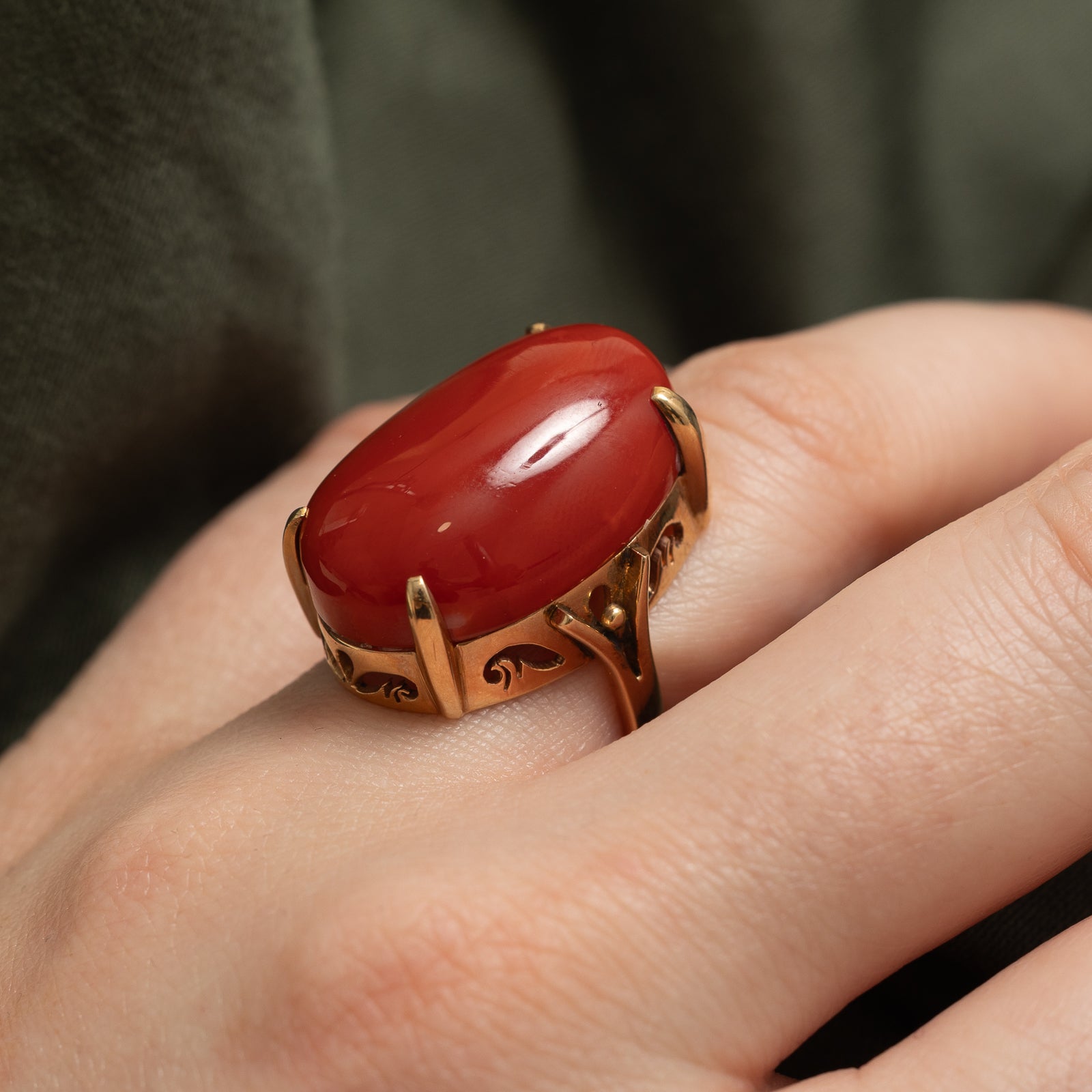 25.00ct Oval Cabochon Red Coral Cocktail Ring - Size 5 | Elegant Statement Jewelry for Parties, Weddings & Special Occasions