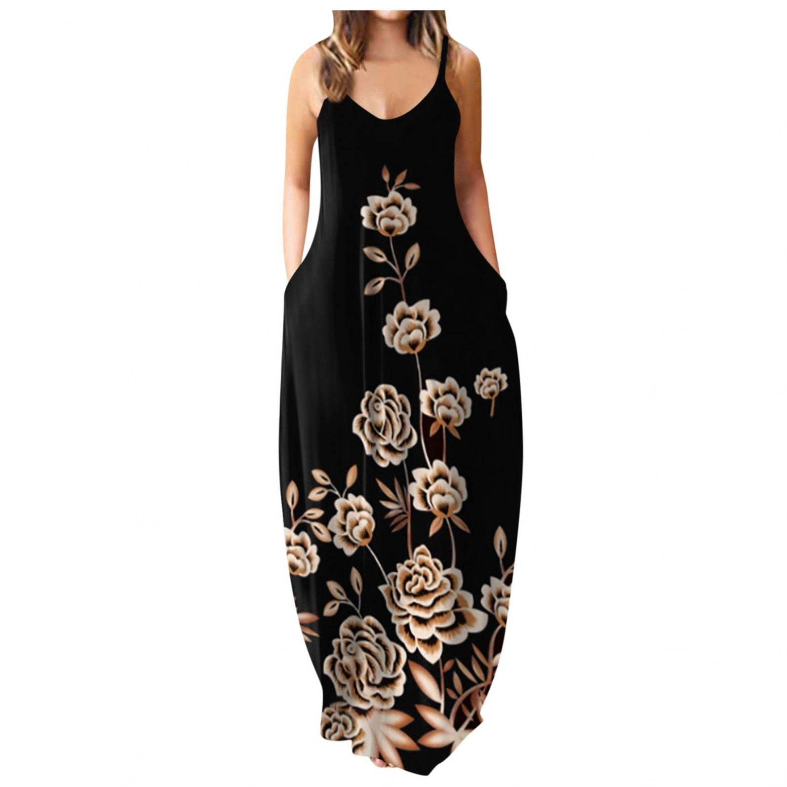 Women's Floral Print Summer Maxi Dress - Sleeveless Plus Size Beach Dress with Pockets | 2022 Spring & Summer Fashion | Perfect for Vacations, Beach Outings & Casual Wear