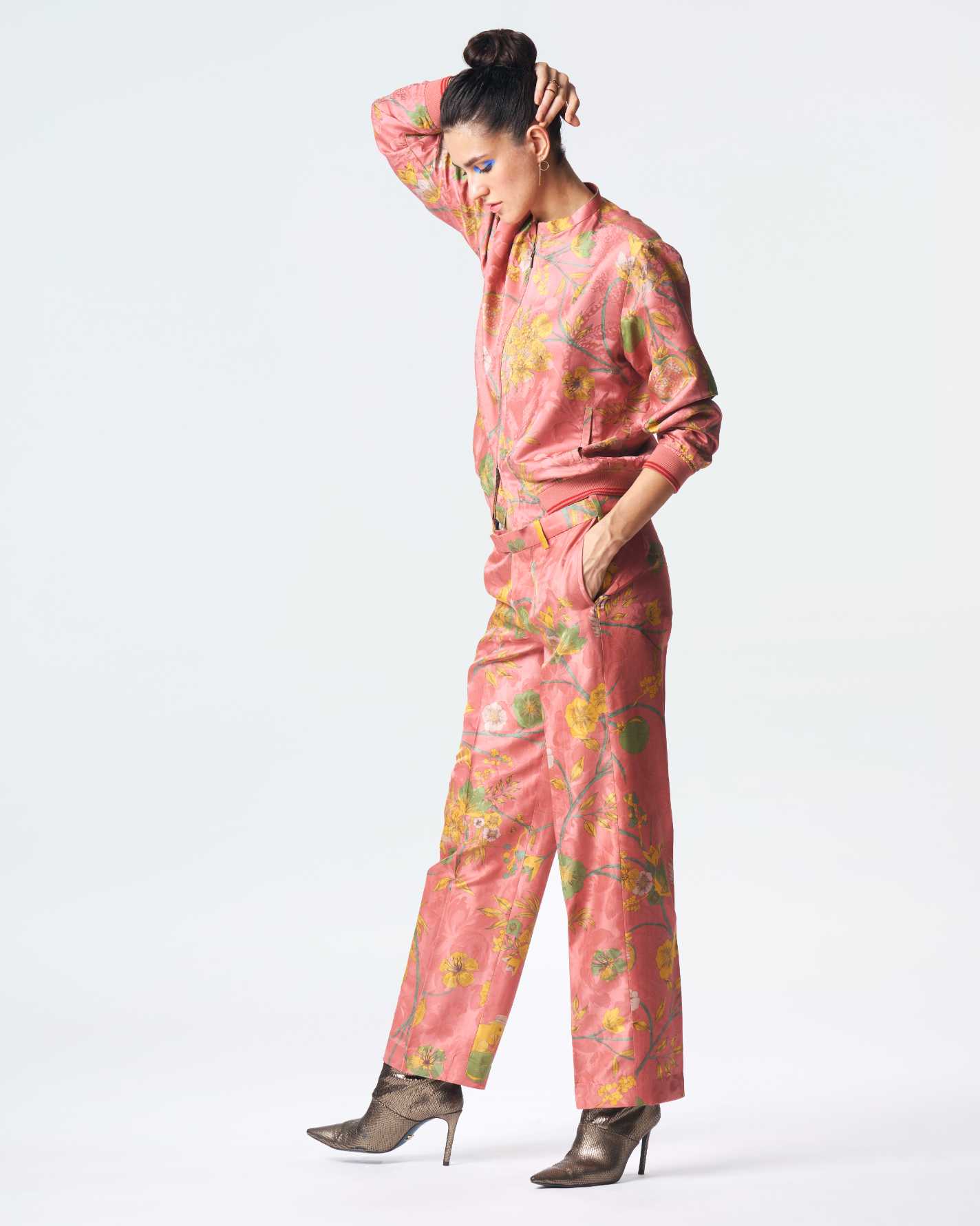 Straight Fit Silk Damask Rose Trousers for Women - Elegant Formal Pants for Office Wear & Special Occasions