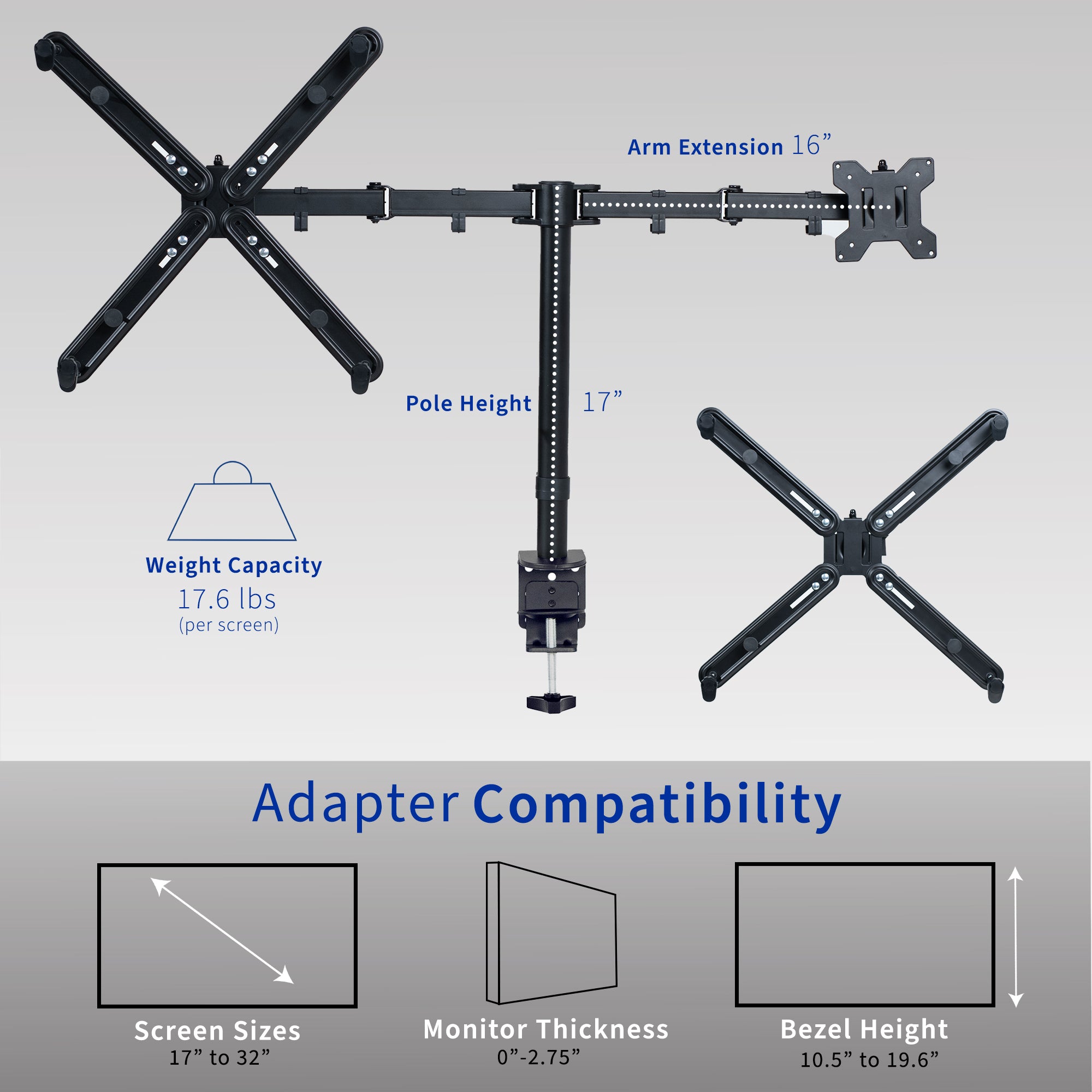 Dual Monitor Desk Mount Stand for 17 to 32 Inch Screens with VESA 75x75/100x100 Adapter Bracket - Ergonomic Adjustable Arm for Home Office & Gaming Setup