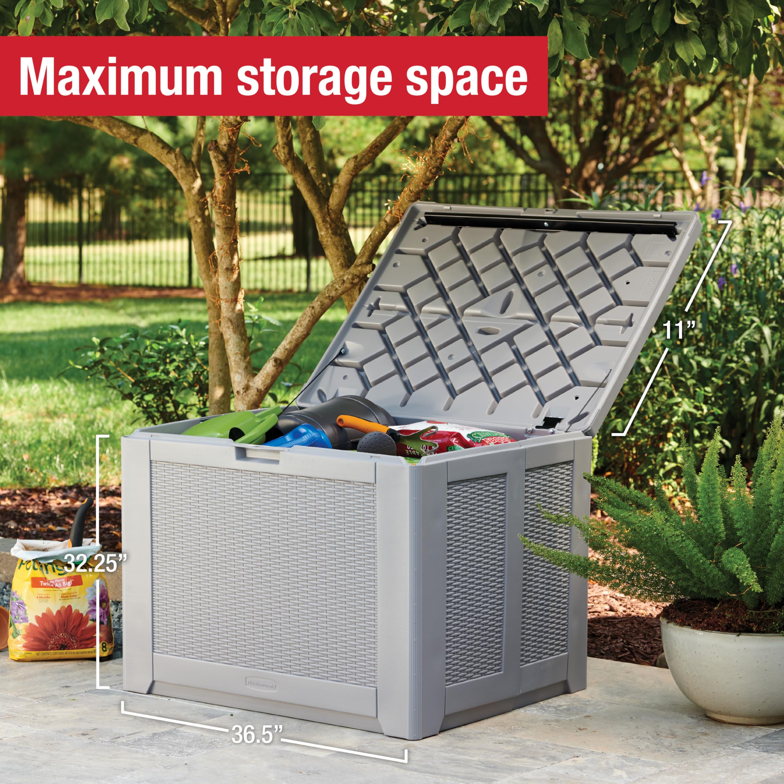 Rubbermaid 74 Gallon Medium Resin Outdoor Storage Deck Box - Weather Resistant Gray Deck Organizer for Backyard, Pool, Garden | Perfect for Storing Toys, Patio Cushions, Chemicals & Tools