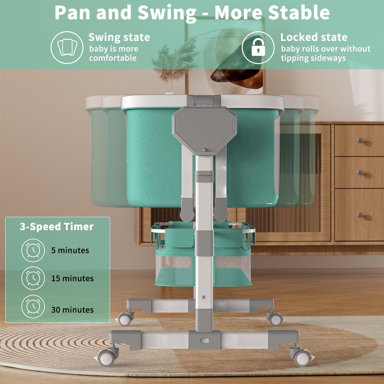 Electric Rocking Bassinet for Babies - Bluetooth Enabled Auto Swing Baby Crib with 6 Height Adjustments & 5 Speed Settings, Portable Wheels for Nursery & Bedside Sleeping - Perfect for Newborns & Infants (Ideal for Nighttime Soothing & Daytime Napping)