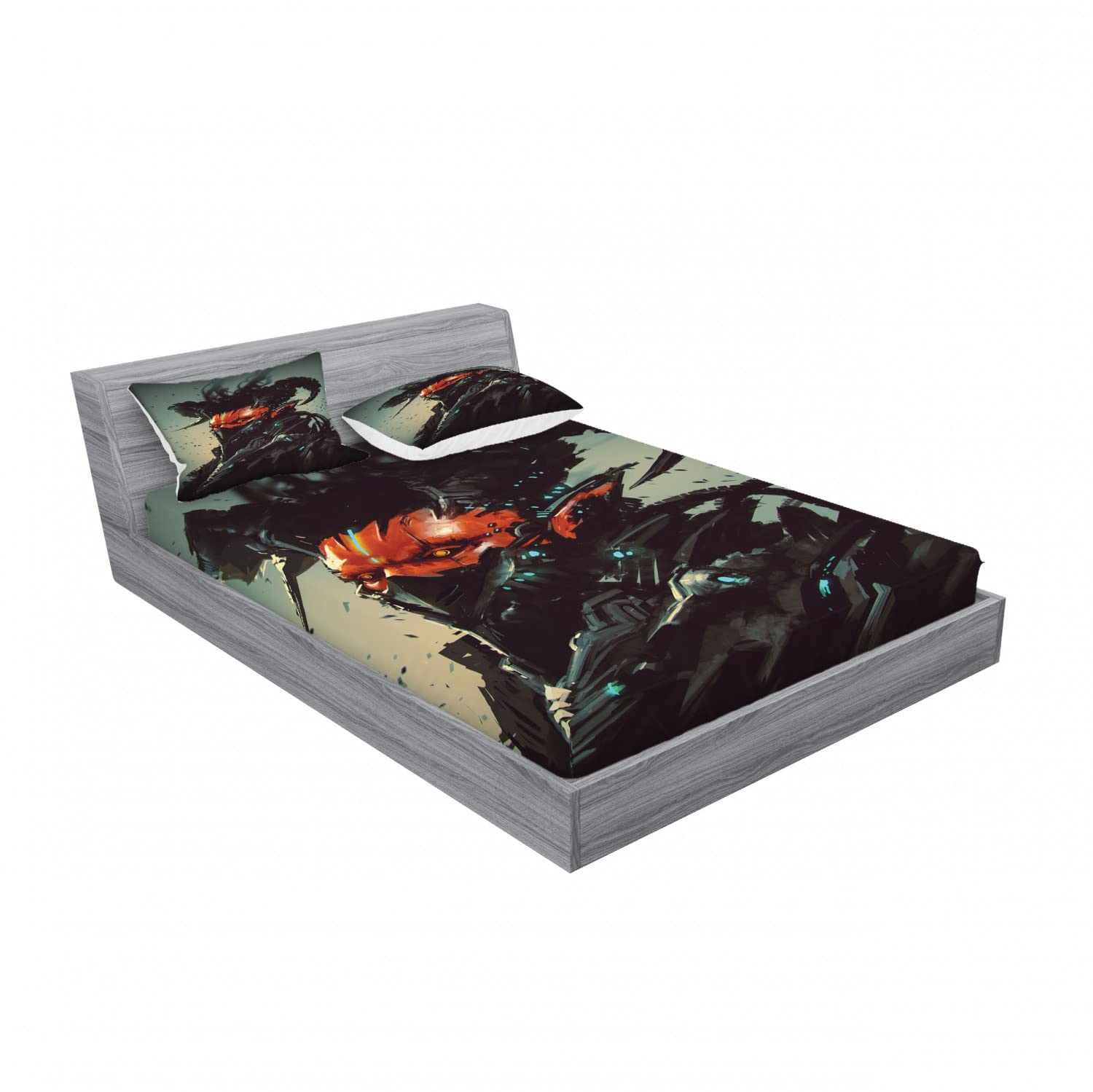 Ambesonne Fantasy 2-Piece Fitted Sheet & 4-Piece Pillow Sham Set, Gothic Demon Computer Print, Twin XL Size, Black and Red Bedding Decor - Perfect for Halloween, Gaming Room, or Dark Theme Bedroom Decor