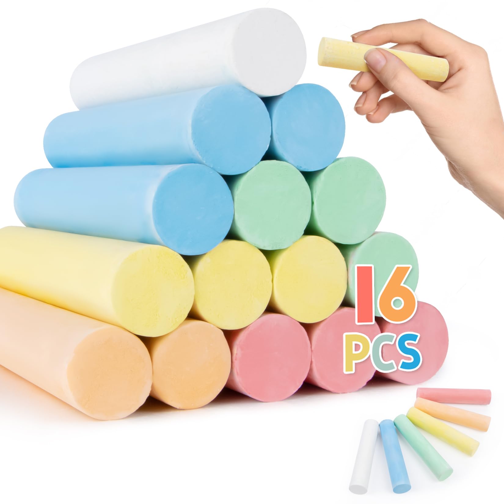 16PCS Bulk Sidewalk Chalk Set - 6 Vibrant Colors, Washable & Non-Toxic for Kids - Perfect for Outdoor & Indoor Use on Sidewalks, Driveways, Blackboards, Playgrounds, and Classroom Activities - Great for Creative Drawing, Learning, and Fun Chalk Art Projects