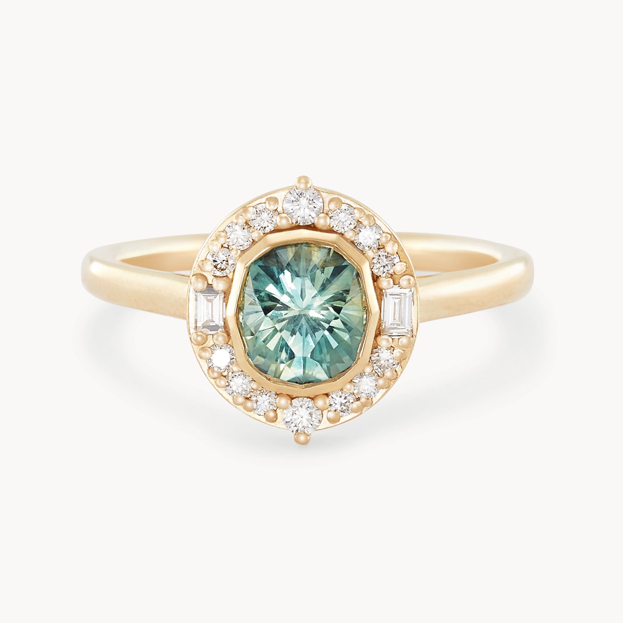 Moonlit Bliss Unique 14K Yellow Gold Ring with Mint Green Sapphire – Perfect for Weddings, Anniversaries & Special Occasions