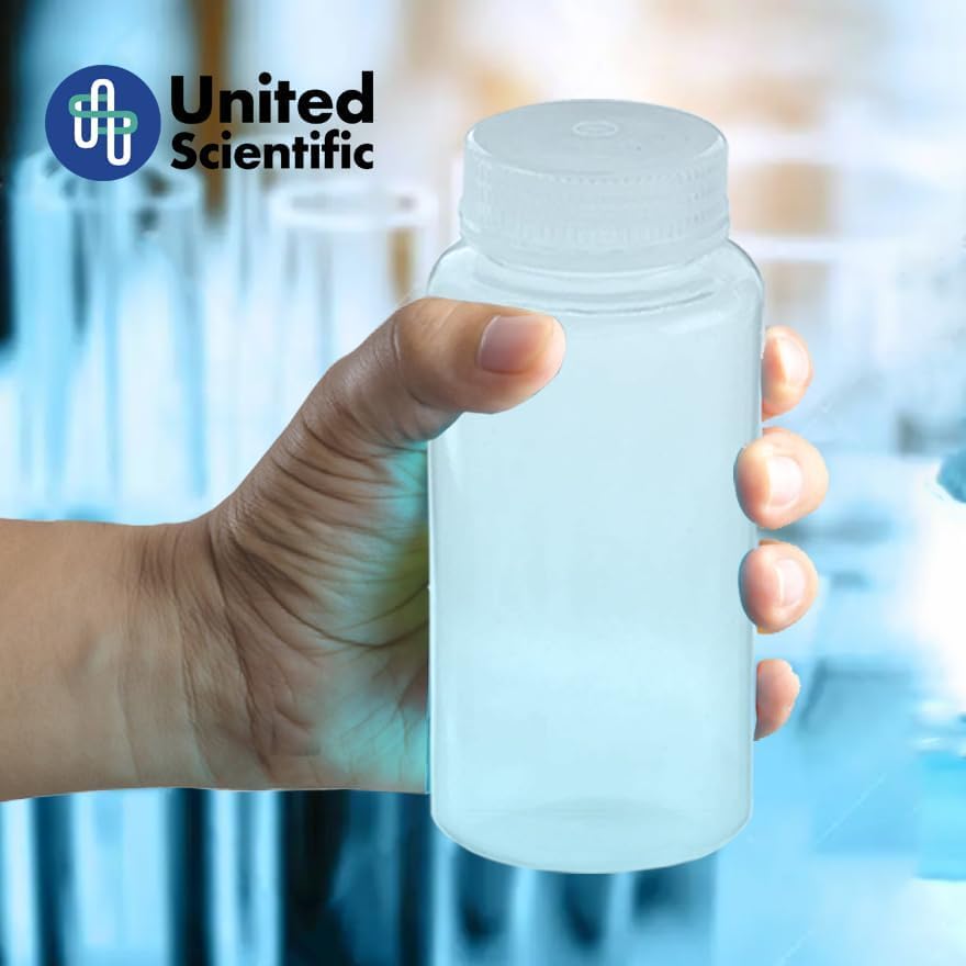 United Scientific® Unistore™ 16oz (500ml) Wide Mouth Reagent Bottles with Lids - Laboratory Grade Polypropylene Sample Containers - Case of 144 - Ideal for Chemical Storage, Lab Experiments & Scientific Research