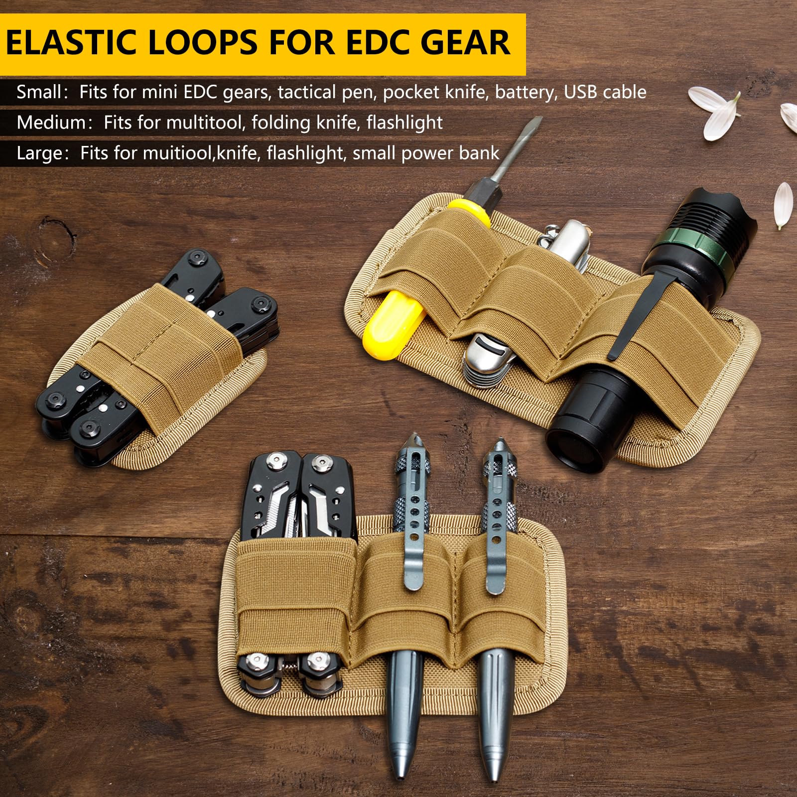 3-Pack Tactical Elastic Modular Organizer - EDC Insert Pouch Panel with Hook & Loop Backing - Durable Accessories Holder for Backpacks, Bags & Gear (Includes 2 D-Rings) - Perfect for Camping, Hiking, Travel & Everyday Carry Organization