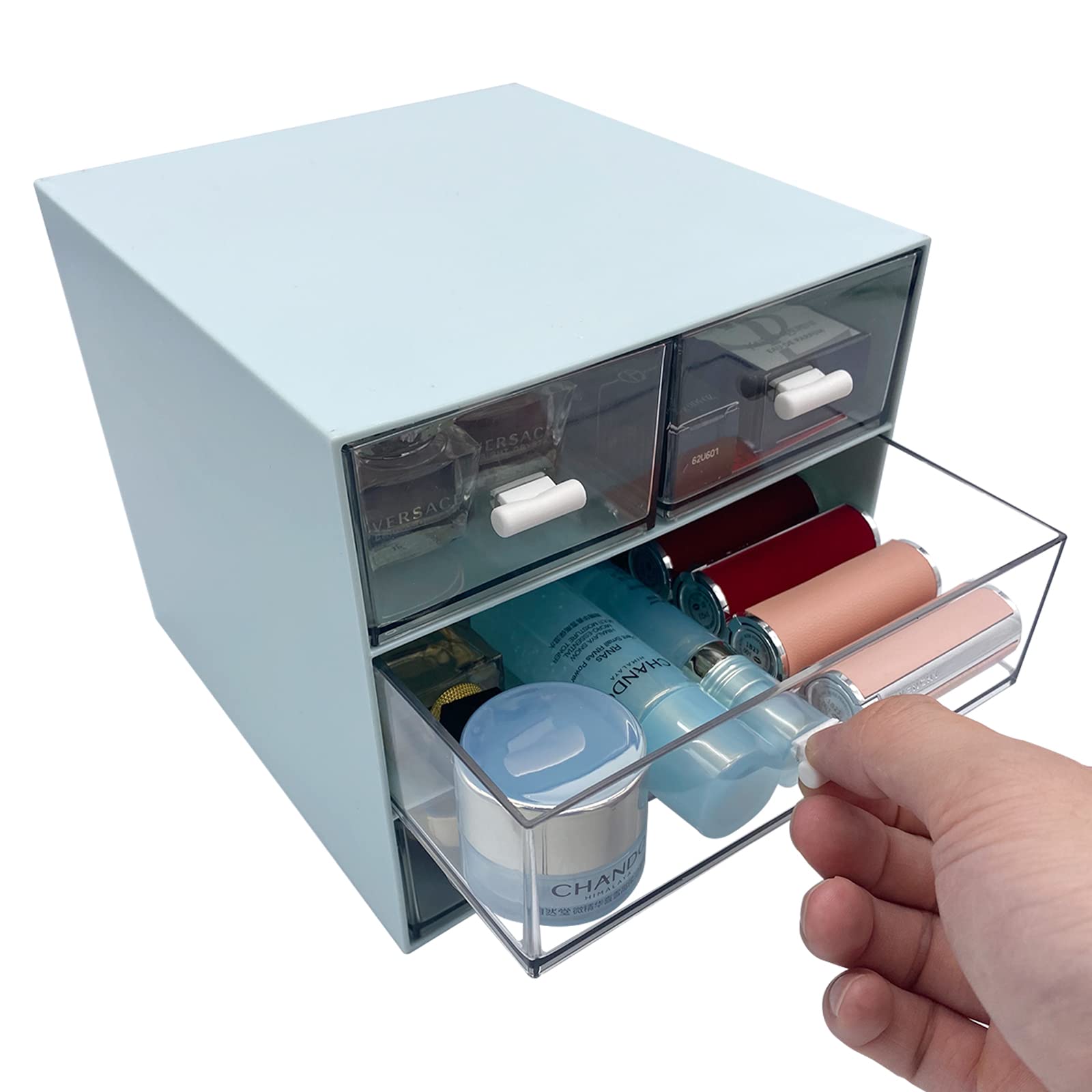 4-Drawer Makeup Organizer & Desk Organizer - Cosmetic Storage Box for Vanity, Bathroom Counter or Dresser - Blue (QBH-4CT-2) - Perfect for Organizing Cosmetics, Jewelry & Small Bathroom Essentials