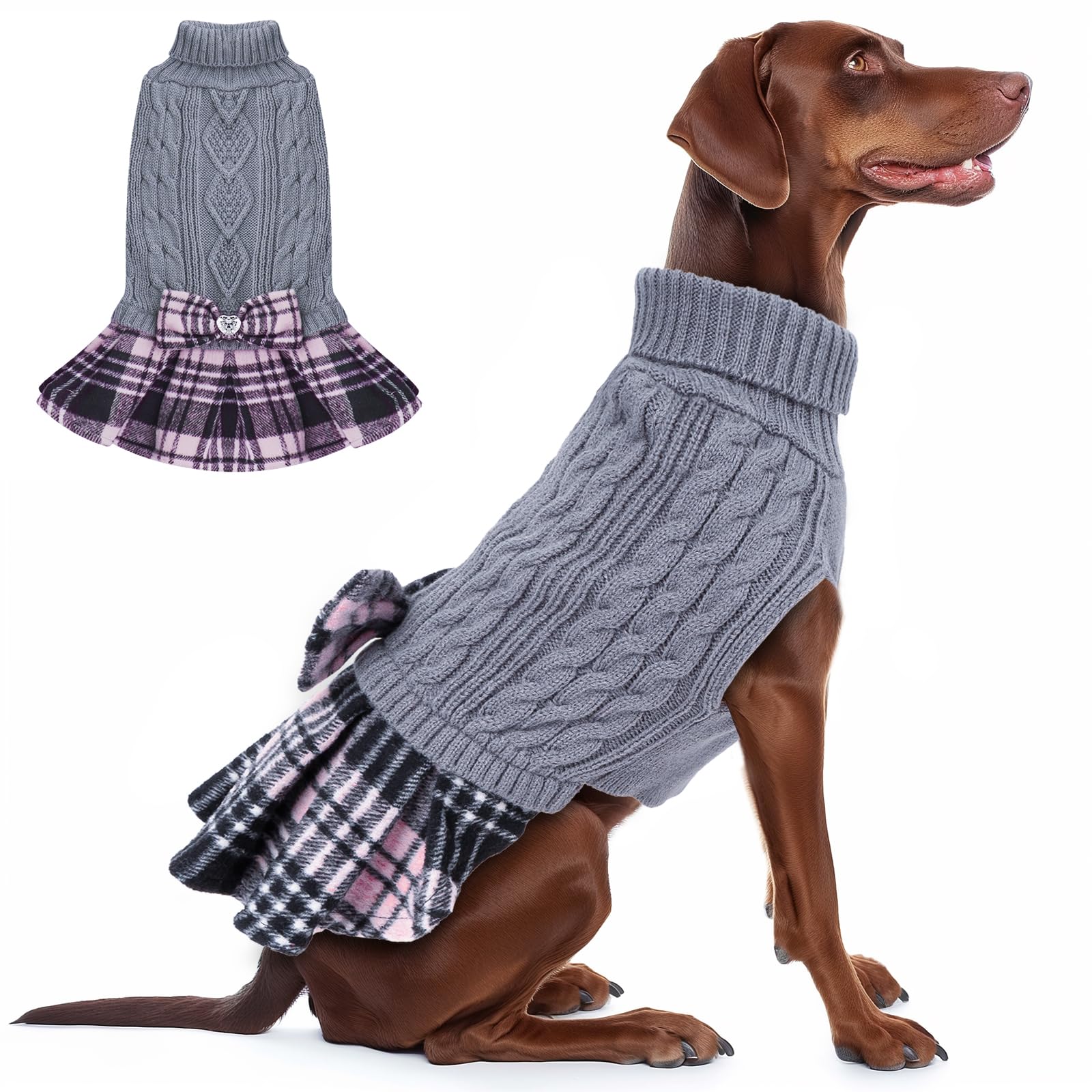 KYEESE Large Dog Sweater with Bowtie - Soft Checkered Turtleneck Pet Sweater for Big Dogs | Warm Winter Dog Clothes & Coats | Perfect for Outdoor Walks & Holiday Photos (Grey, Size 3L)