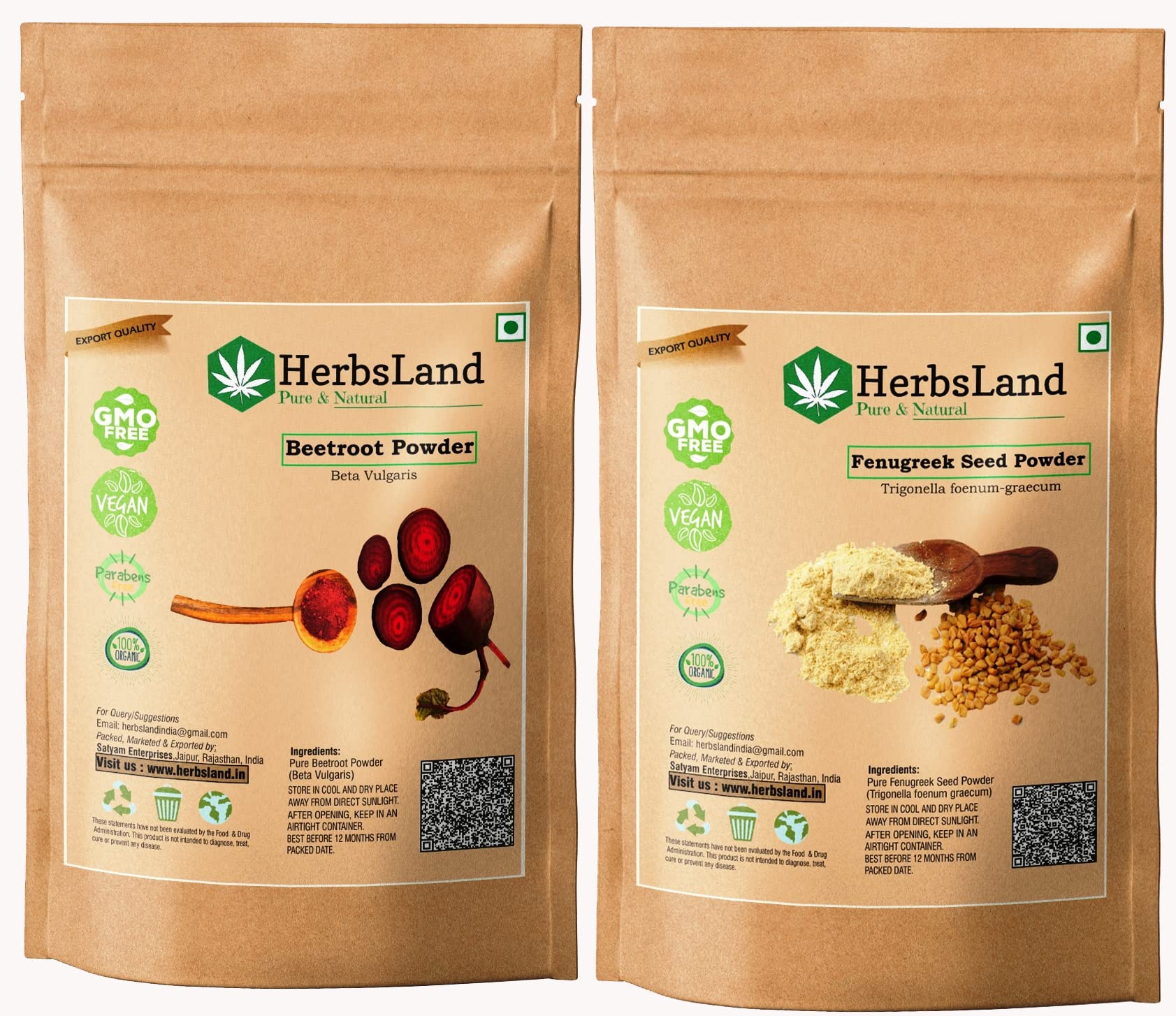 HerbsLand® Premium Natural Beetroot Powder & Fenugreek Seed Powder - Organic Superfood for Skin Care & Face Glow (Beta Vulgaris & Dana Methi) - 100g Each | DIY Face Masks, Hair Treatments & Healthy Smoothies