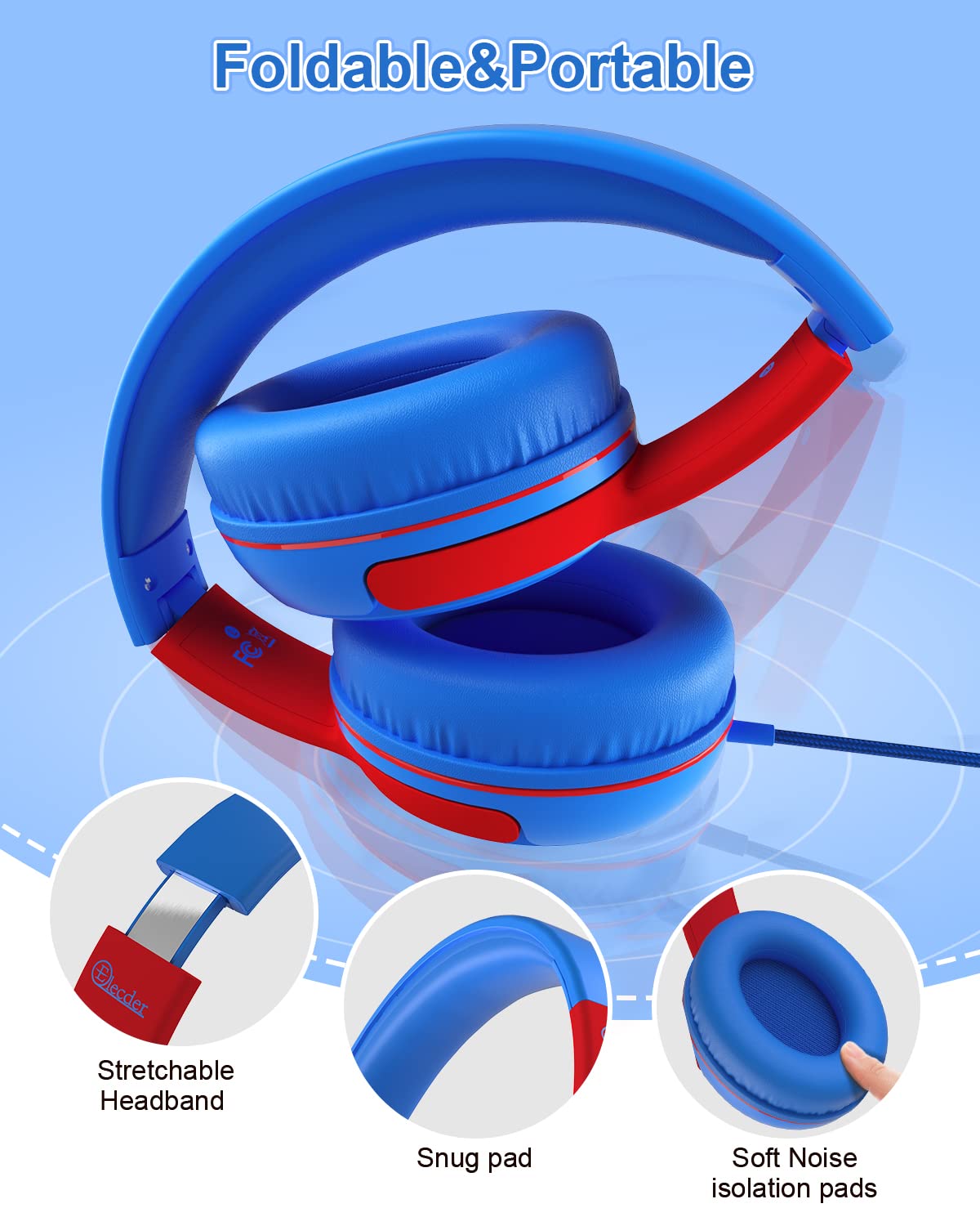 ELECDER S8 Kids Headphones with Microphone - 85dB/94dB Volume Limited, Adjustable Wired Headphones for Boys & Girls - 3.5mm Jack Compatible with School, Kindle, Smartphones, Tablets & Airplane Travel (Blue/Red) - Perfect for Online Classes, Gaming & Long Flights