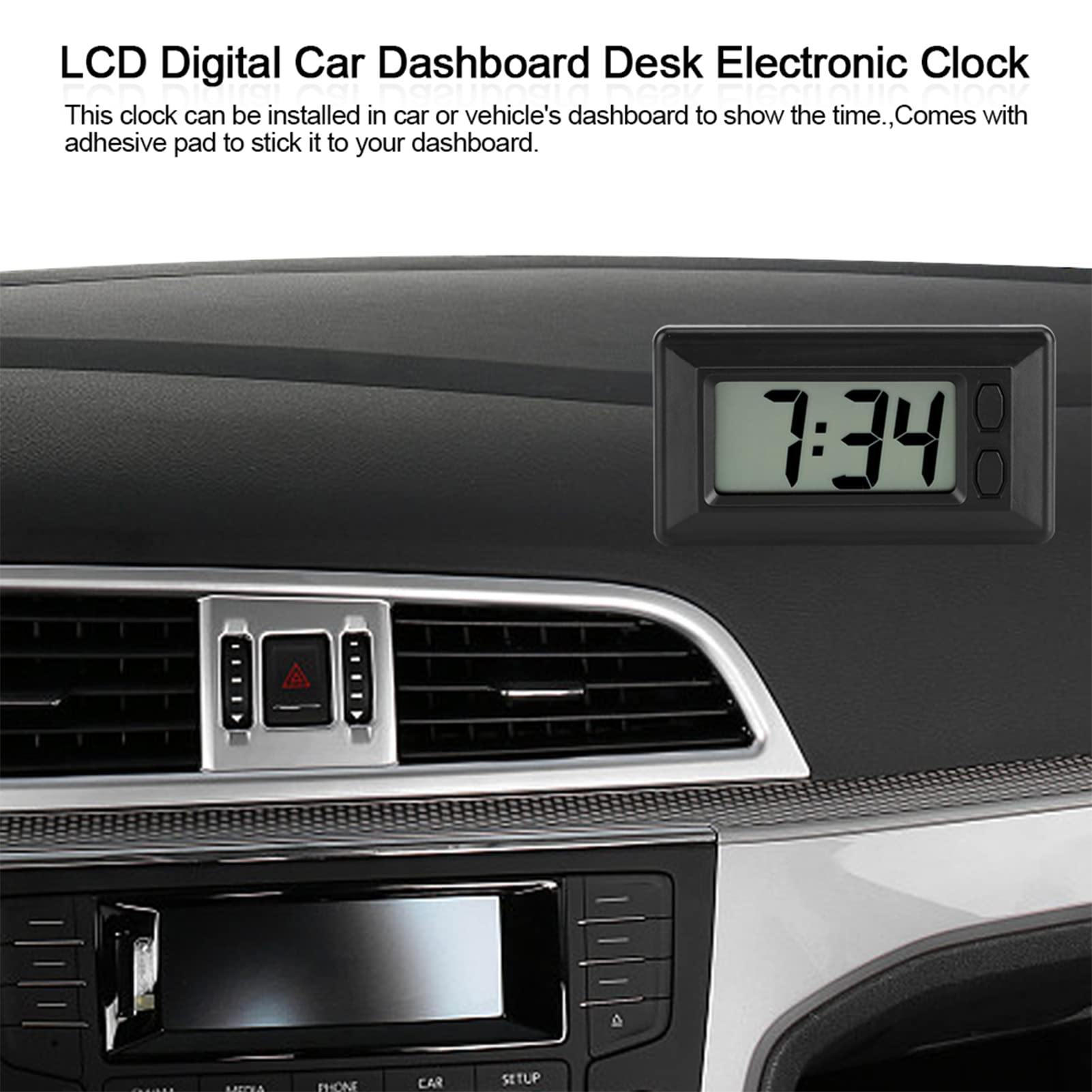 Digital Alarm Clock with Large LCD Display - Date & Time for Car Dashboard, Desk, Home - Portable with Adhesive Pad - Perfect for Office, Bedroom, Nightstand, and Vehicle Use