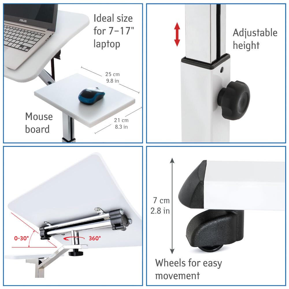 Tatkraft Portable Laptop Desk with Mouse Pad - Adjustable Height Rolling Computer Stand, Ergonomic & Sturdy Workstation for Office, Home, Gaming - White