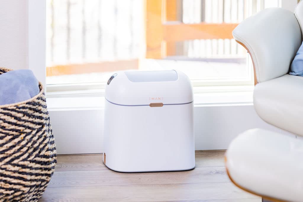 EMANE 13 Gallon Motion Sensor Trash Can with Butterfly Lid - Touchless Automatic Garbage Bin, Waterproof & Odor-Proof for Kitchen, Bathroom, Office - White with Golden Button (Ideal for Hands-Free Waste Disposal in High-Traffic Areas)