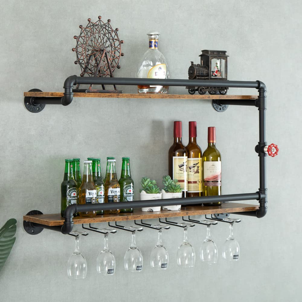 2-Tier Wall Mounted Wine Rack with Glass Holder - Industrial Rustic Pipe Floating Bar Shelf for Kitchen, Dining Room & Home Decor (35.4x10.6x19.7in, Black) - Perfect for Farmhouse Style, Small Spaces & Entertaining Guests
