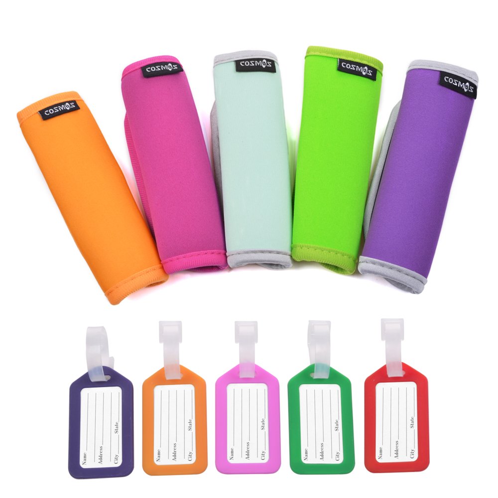 5-Pack Neoprene Handle Grips for Luggage & Suitcases - Comfortable Travel Bag Handle Wraps with 5 Bonus Luggage Tags - Perfect for Airport Travel, Business Trips and Vacation Packing Identification