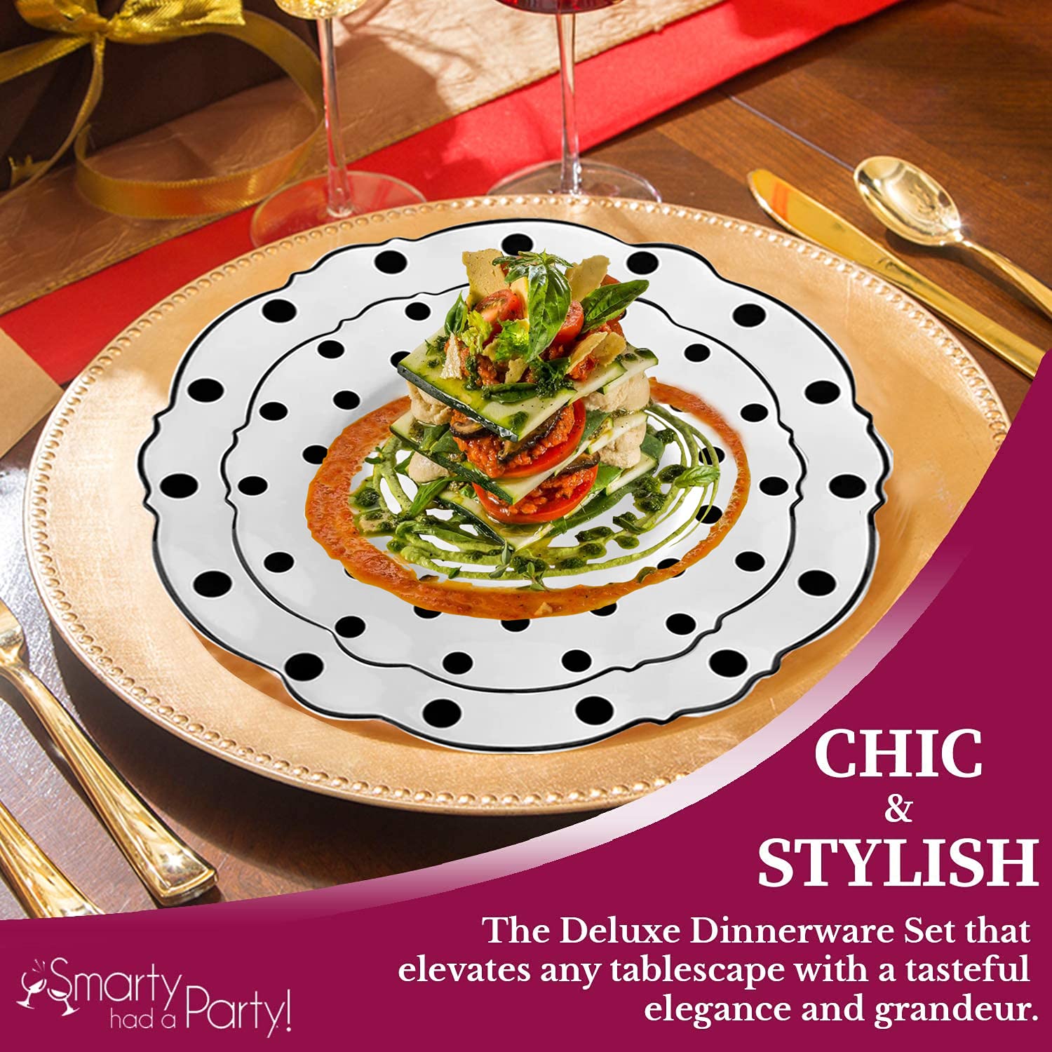 Elegant Disposable Plastic Dinnerware Set with Round Dots - 360pc Wedding Party Tableware (60 Guest Package) Includes Dinner Plates, Salad Plates, Gold Cutlery (Spoon Fork Knife) and Clear Cups - Perfect for Weddings, Banquets, Catering Events and Upscale Parties (White with Black Design)
