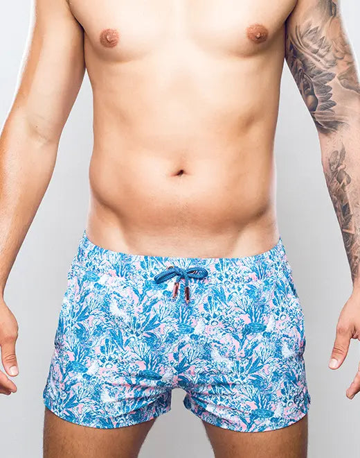 2Eros Men's Coral Print Swim Shorts - Quick-Dry Beach Swim Trunks with Comfortable Elastic Waistband - Perfect for Swimming, Surfing, and Summer Vacations