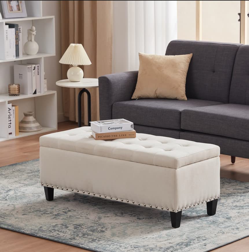 HUIMO 41-inch Upholstered Fabric Storage Ottoman Bench with Safety Hinge - Button-Tufted Design for Living Room, Bedroom & Entryway - Multi-Functional Footrest, Seating & Hidden Storage (Ivory)