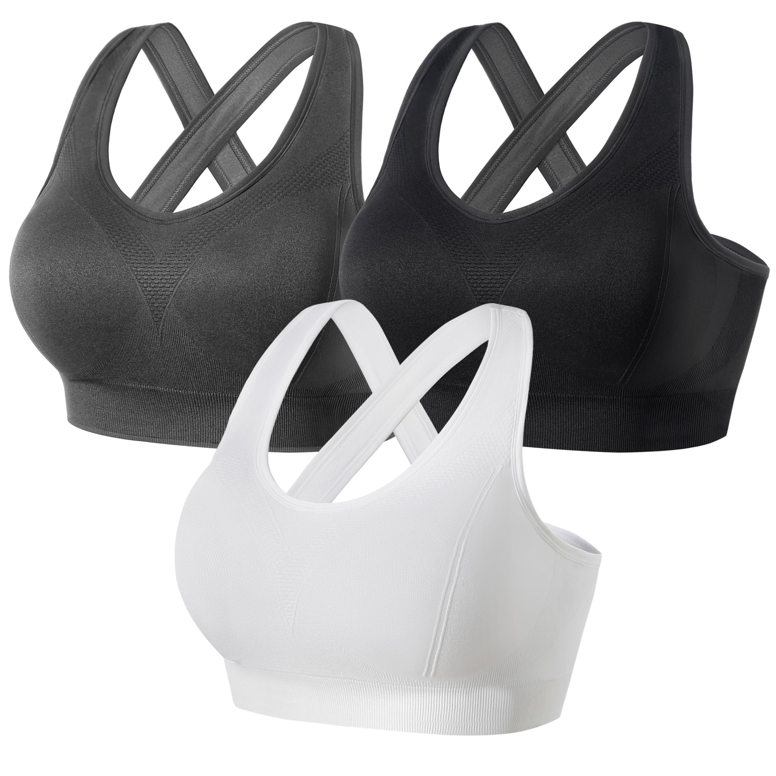 FITTIN Women's Seamless Sports Bras with Removable Pads - Cross Back Support for Workout, Yoga, Running & Gym - 3 Pack