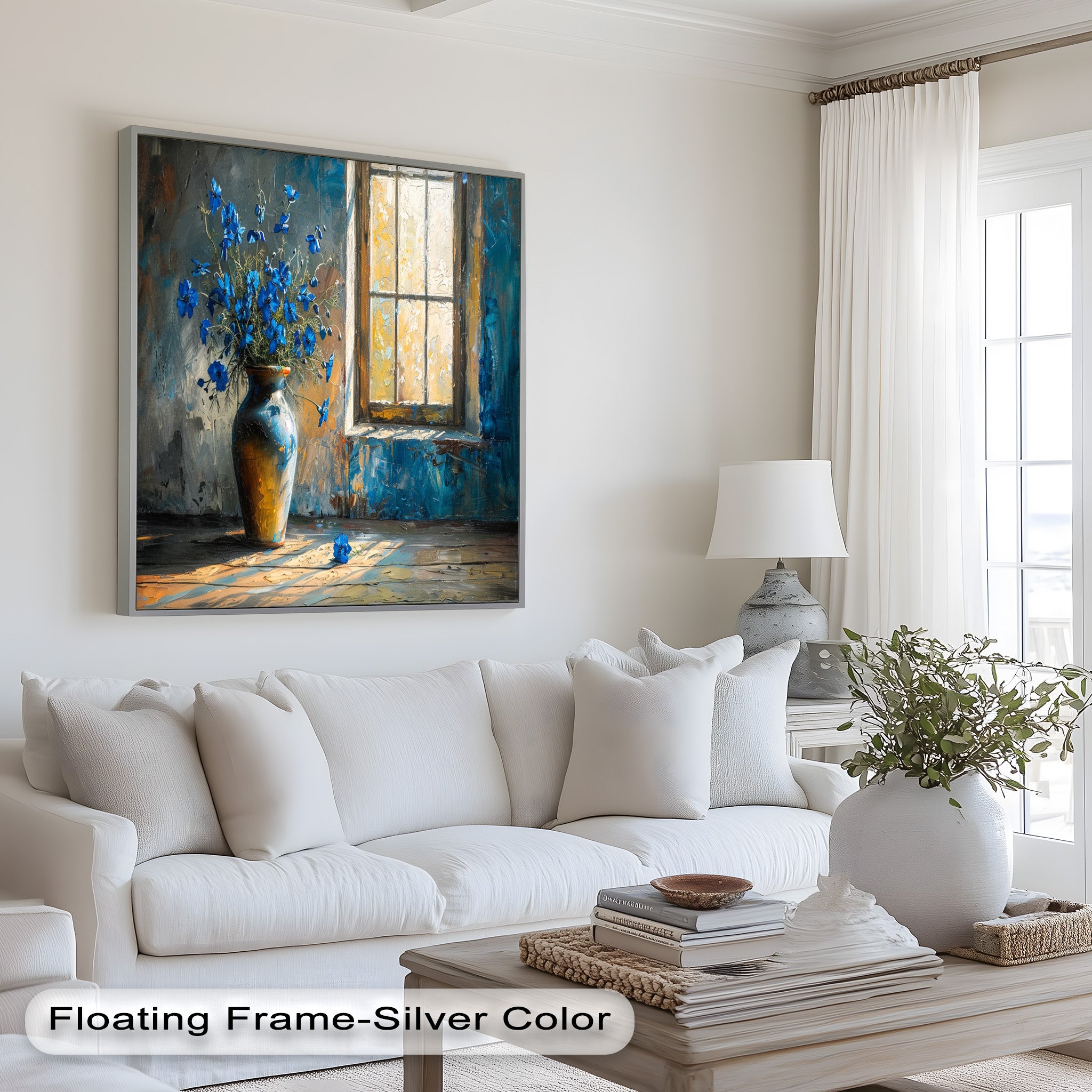 Blue Flowers in Vase - Rustic Still Life Oil Painting on Canvas - Perfect for Farmhouse Decor, Living Room Wall Art & Home Office
