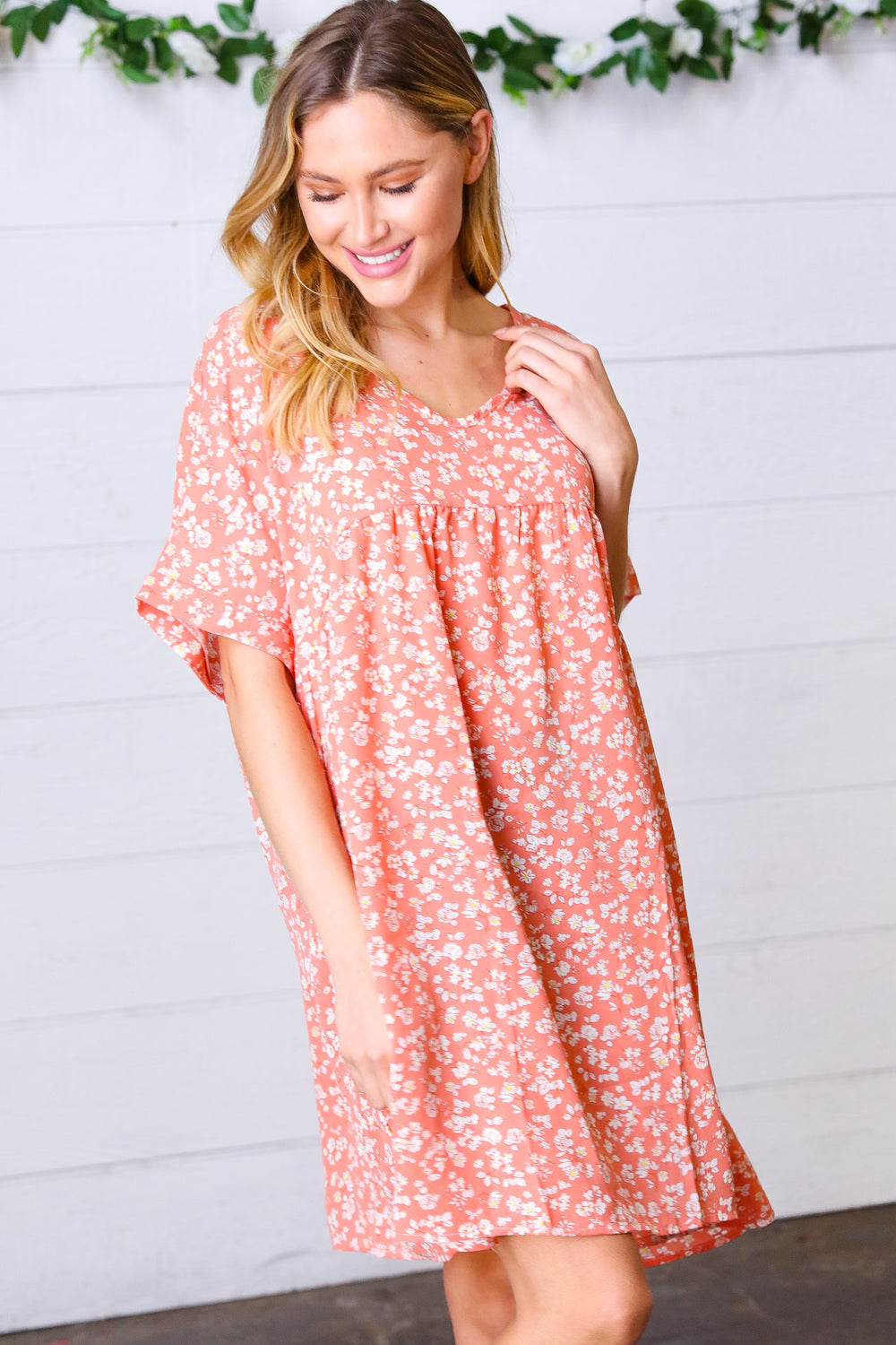 Peach Ditzy Floral Woven Dolman V-Neck Dress for Women - Summer Boho Casual Sundress for Beach, Vacation & Outdoor Parties