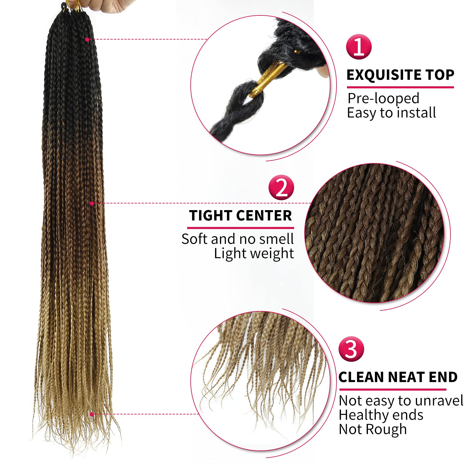 6 Packs Box Braids Crochet Hair - Pre-looped Synthetic Braiding Hair for Women - 22 Inch Ombre Brown - Perfect for Protective Styles, Natural Look & Everyday Wear