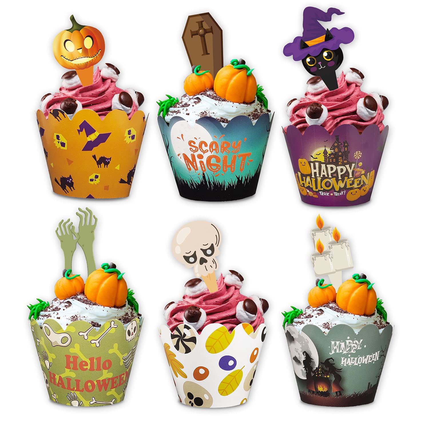 Halloween Cupcake Toppers - 24 Sets Spooky Party Decorations, Paper Baking Wrappers & Accessories for Halloween Cupcakes, Cakes, and Desserts - Perfect for Halloween Parties, Trick or Treat Favors, and Themed Dessert Tables
