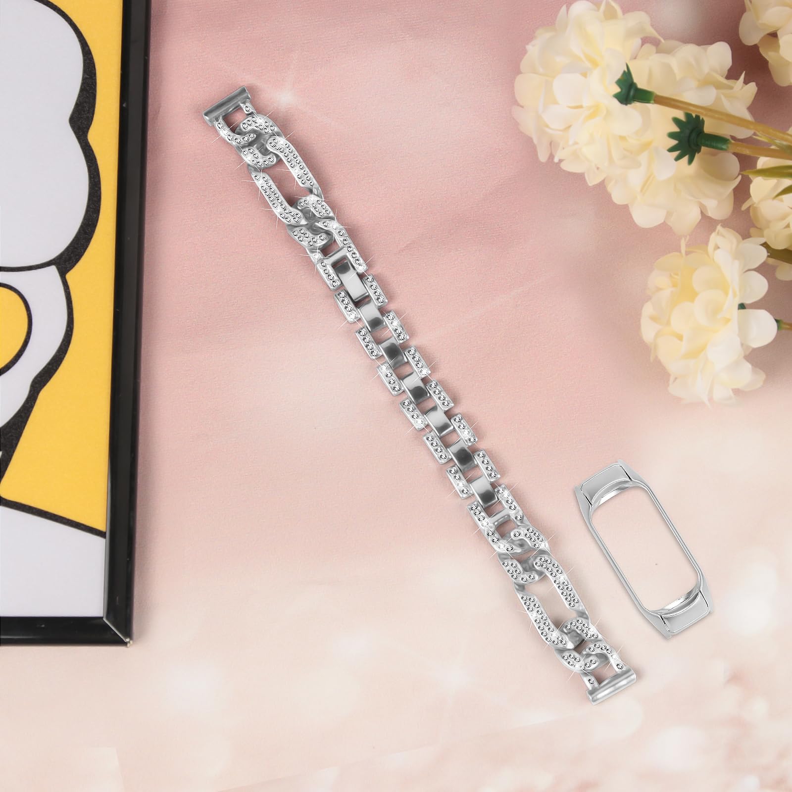 RuiRdot Stainless Steel Rhinestone Replacement Strap for Xiaomi Mi Band 5/6 - Adjustable Luxury Bracelet for Women, Perfect for Workouts, Parties & Everyday Wear