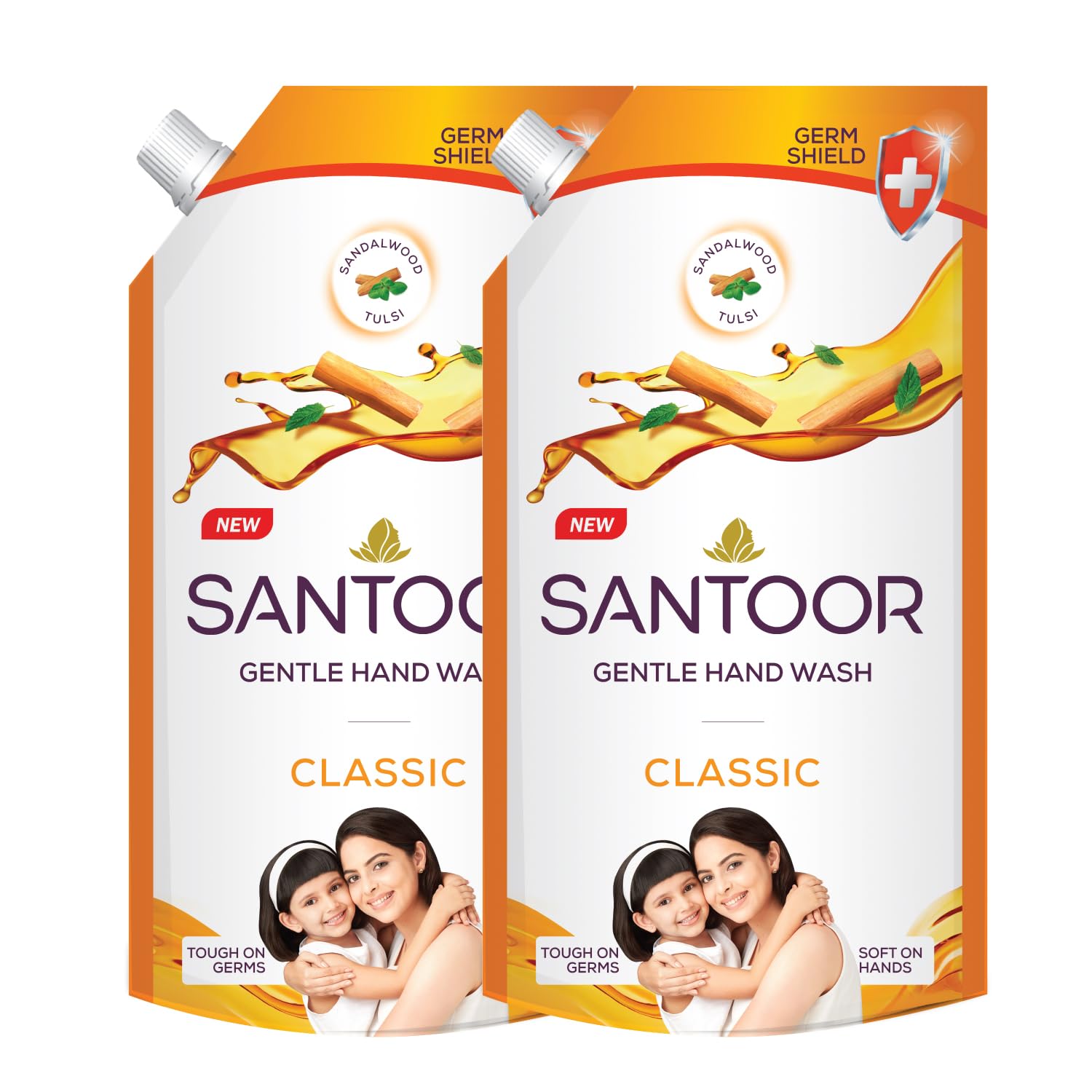 Santoor Classic Gentle Hand Wash with Sandalwood & Tulsi - 750ml Natural Soap for Dry Skin | Moisturizing & Antibacterial for Home, Kitchen & Bathroom Use