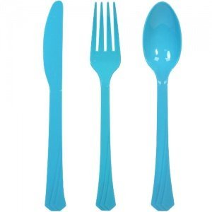 Tiger Chef 504-Pack Heavy Duty Plastic Cutlery Set - 168 Forks, 168 Teaspoons, 168 Knives in Lime Green, Island Blue & Pearl - Durable Disposable Silverware for Parties, Picnics & Catering Events