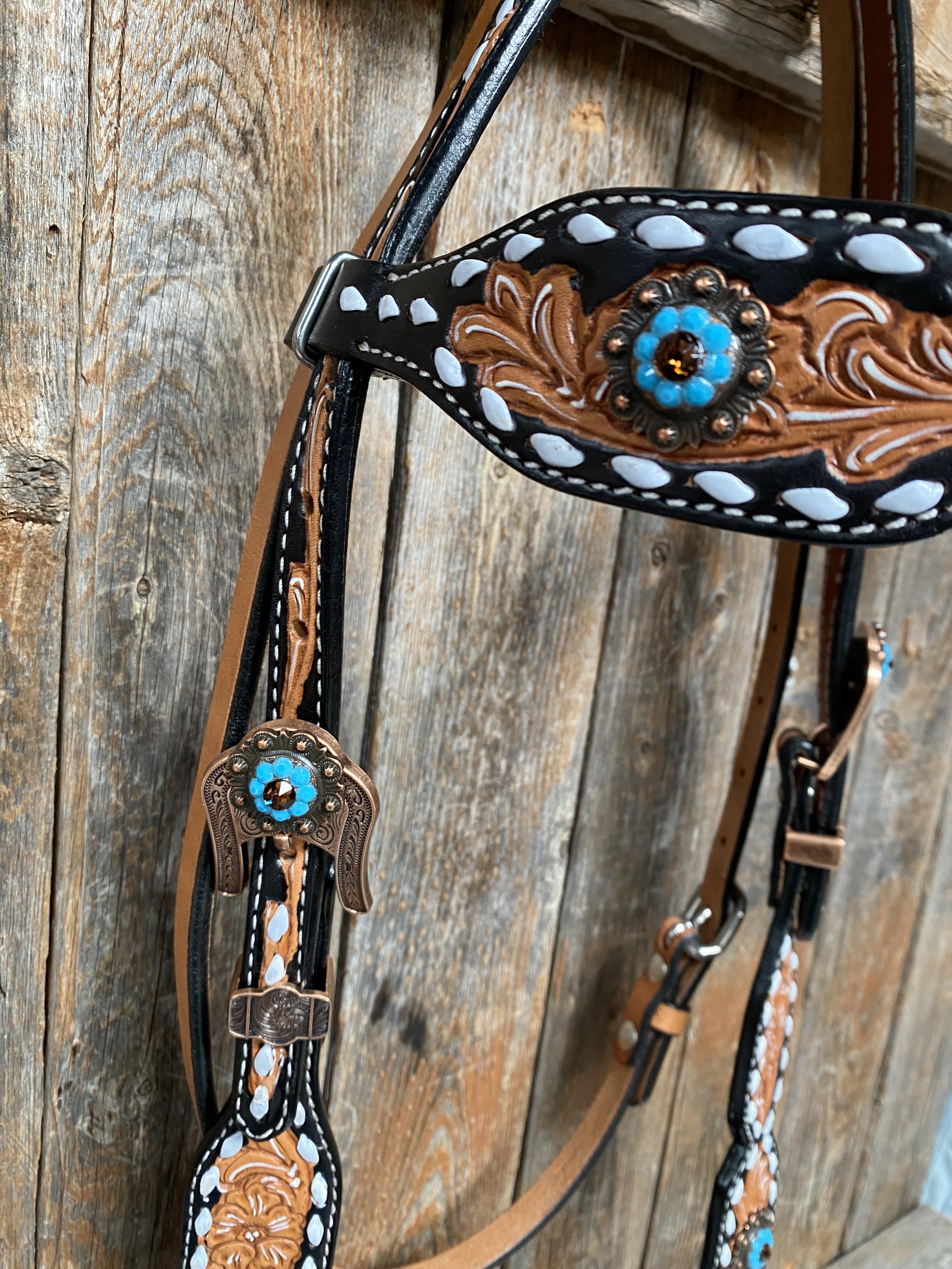 Classic Turquoise & Topaz Browband Horse Tack Set | One Ear Headstall #OEBC417 for Western Riding & Show Competitions