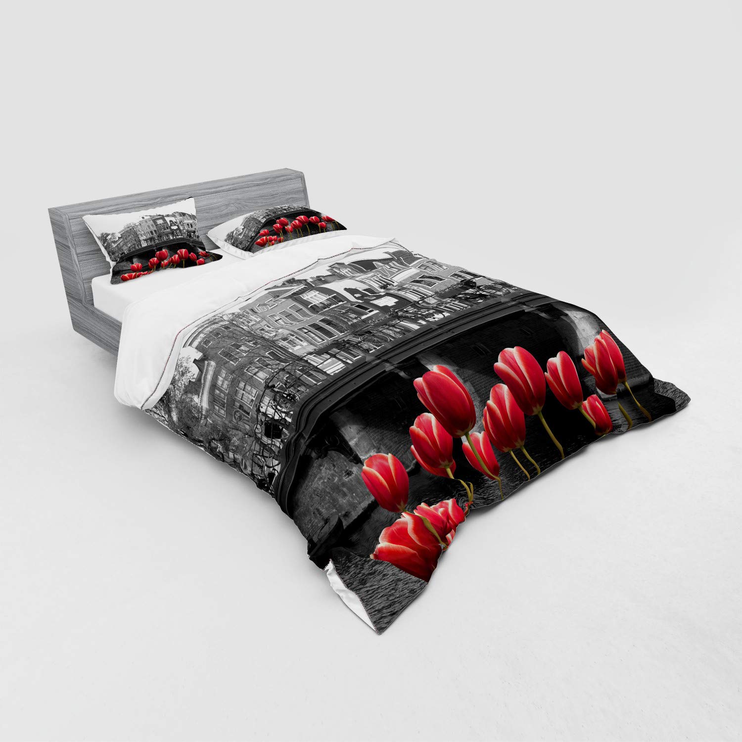 Ambesonne Black and White Bedding Set - Queen Size 4-Piece Duvet Cover with Shams & Fitted Sheet | Monochrome Amsterdam Canal Photo with Red Tulips & Houses | Modern Home Decor for Bedroom, Guest Room & Vacation Rental