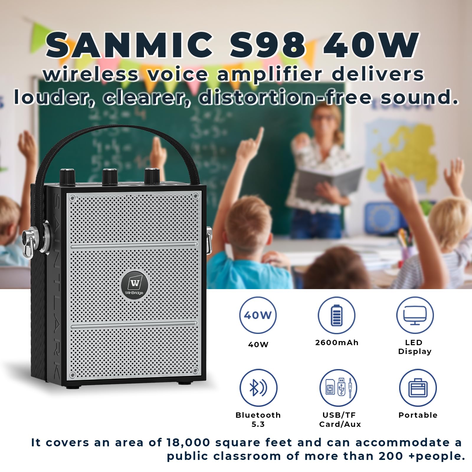 Bluetooth 5.3 Voice Amplifier with Wireless Microphone Headset - 40W Portable Megaphone PA System for Teachers, Classrooms, Speeches & Outdoor Events | Ideal for Lectures, Presentations, and Public Speaking